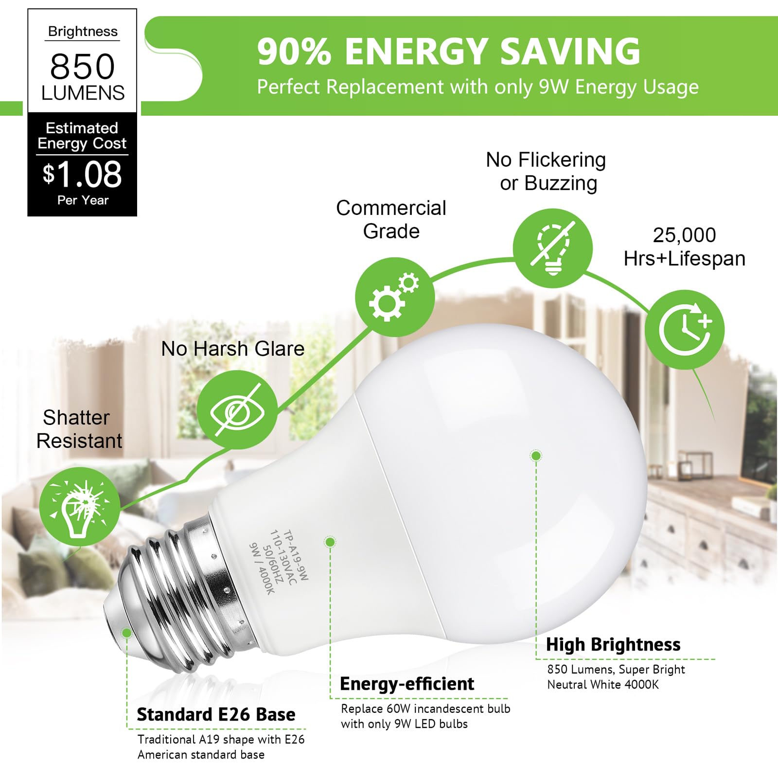 Maylaywood 9W A19 Led Light Bulbs, 60W Equivalent, 4000K Neutral White, 850Lm