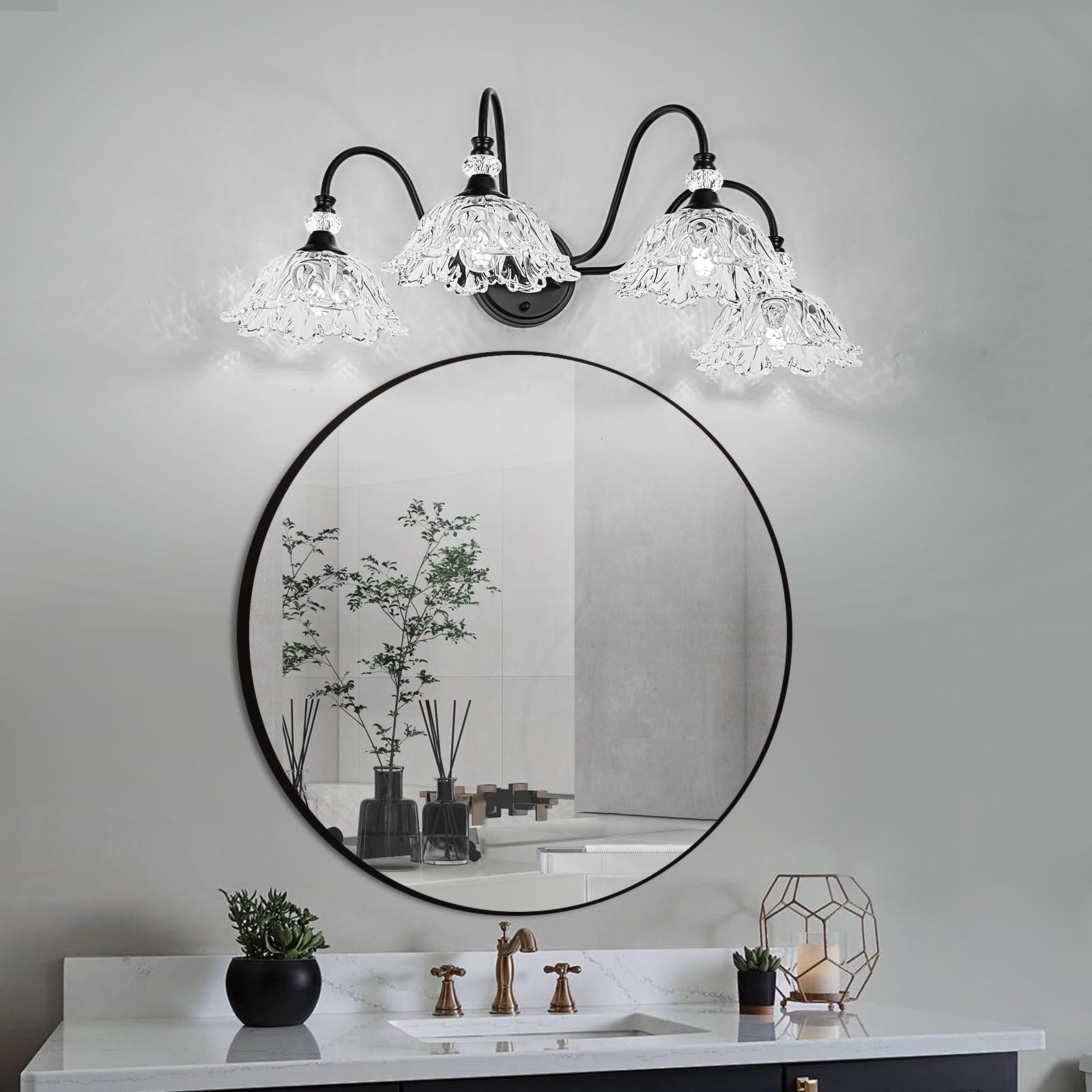 Sunkryster 4-Light Bathroom Vanity Light, Matte Black, Floral Clear Glass Shades, Model Sun-104AB-Black-4