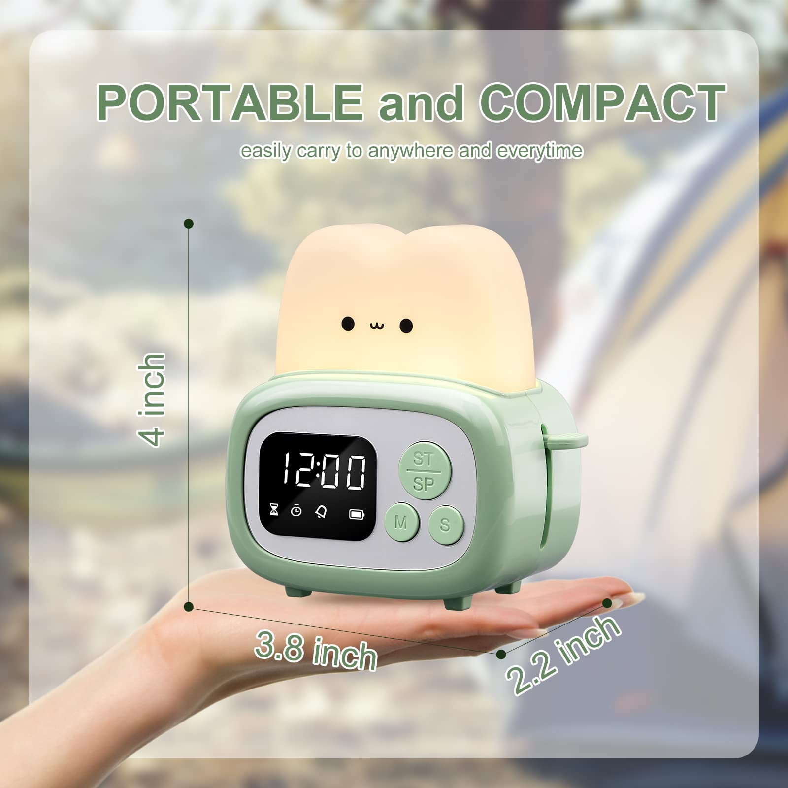 QANYI Small Timer Clock Lamp, Digital Alarm Night Light, Green, 2.2*3.8*4 inches, ABS+PC Material, Kids Birthday Gift