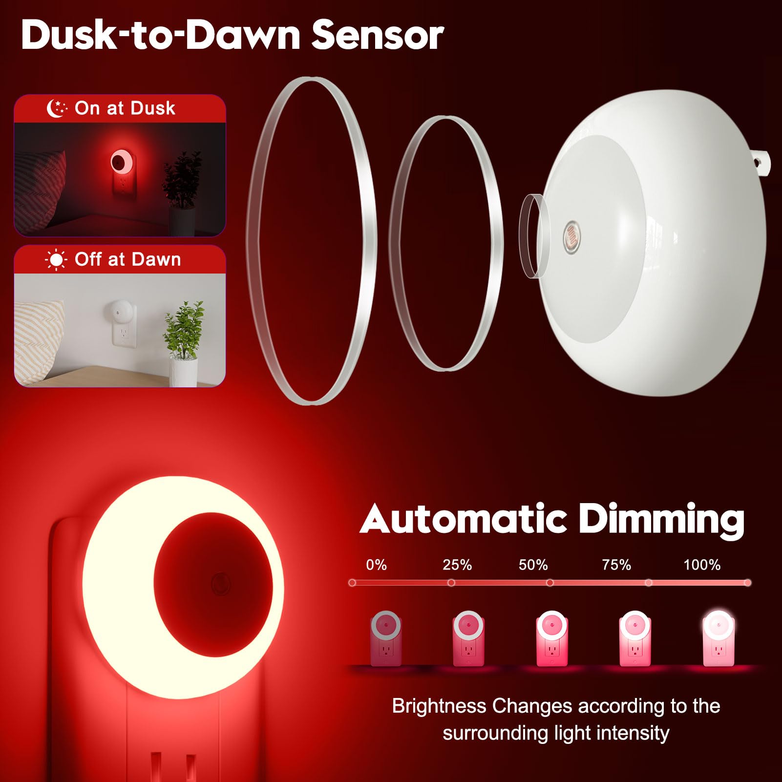 Fesnne Night Light, Night Lights Plug Into Wall, Dusk To Dawn Sensor, Red Led Night Light 0.5W, 2 Pack Nightlight For Adults, Bedroom, Bathroom, Hallway, Kitchen