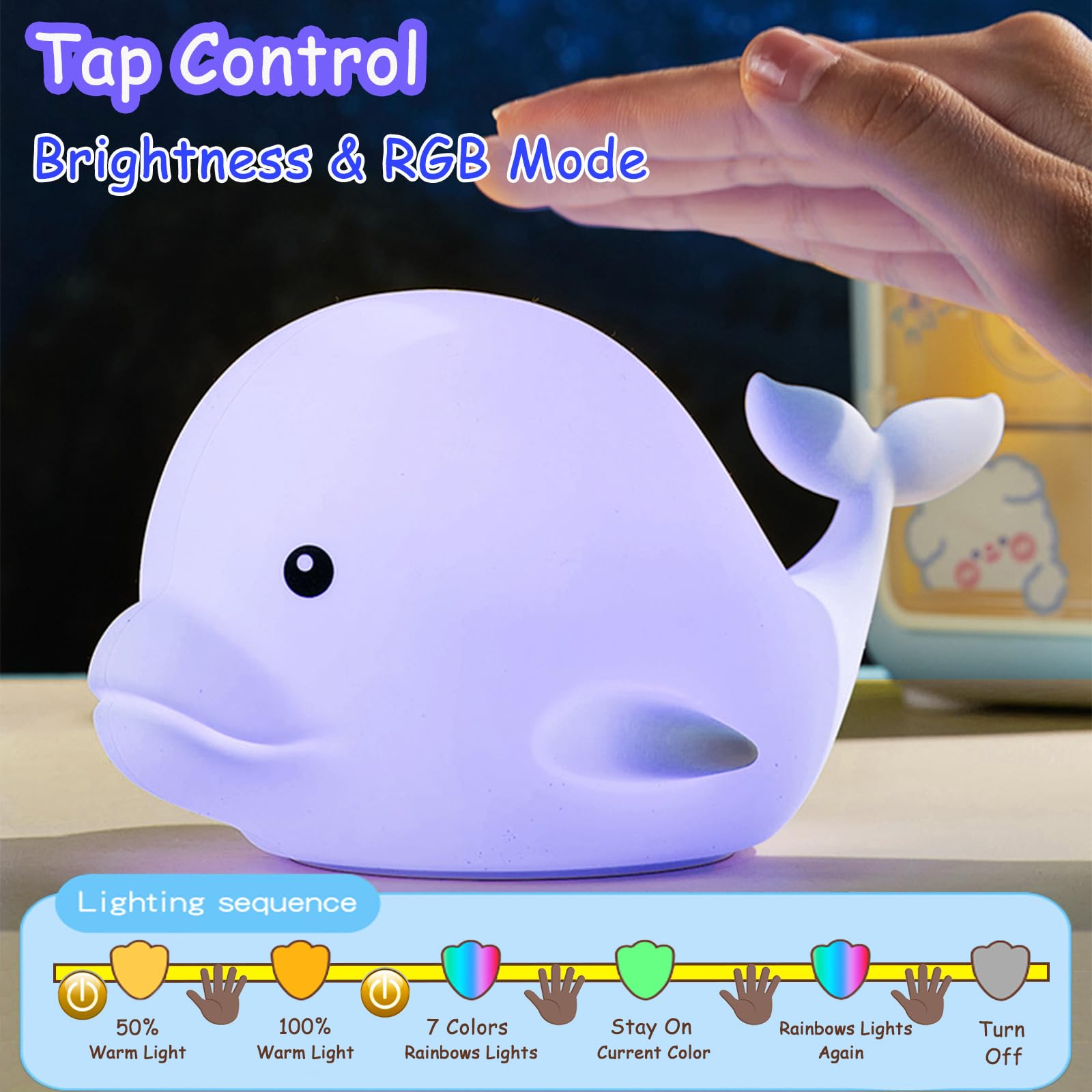 NCBNCB Dolphin Night Light for Kids Cute Night Light,16 Colors Silicone Dimmable Baby Night Lights for Nursery, Rechargeable Nig
