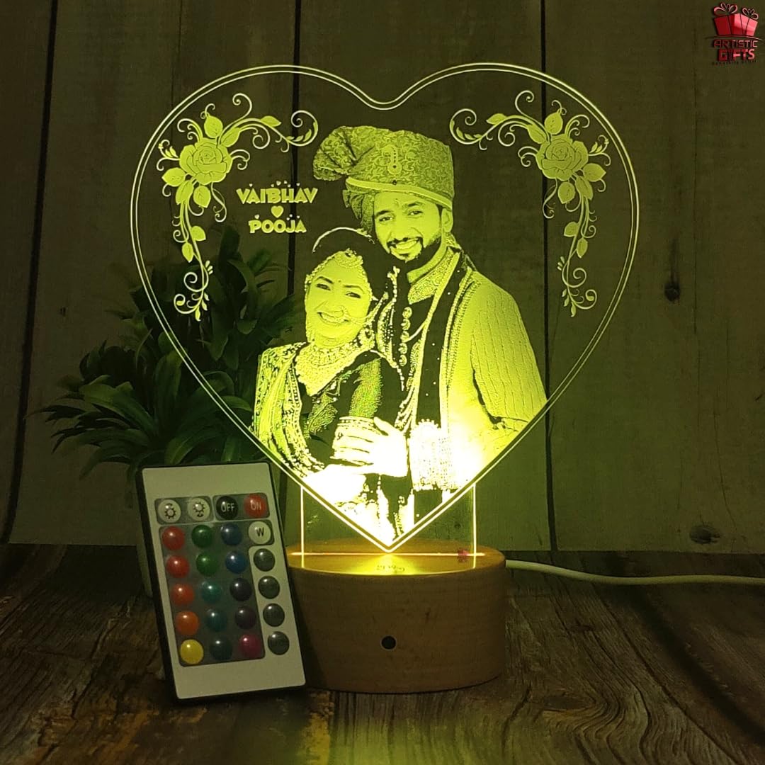 Artistic Gifts Personalized 3D Illusion Photo LED Lamp - Perfect Valentine, Birthday, Anniversary Gift for Couple (Heart 1)