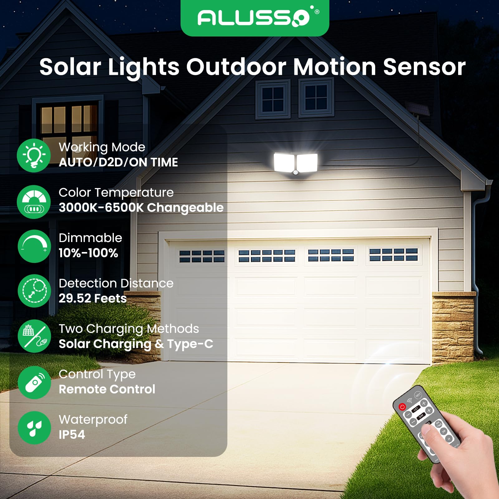 ALUSSO® Solar Lights Outdoor Security, Motion Sensor, Dimmable 3000K-6500K, 2 Pack, Black, Model OT04, Waterproof, Remote Control