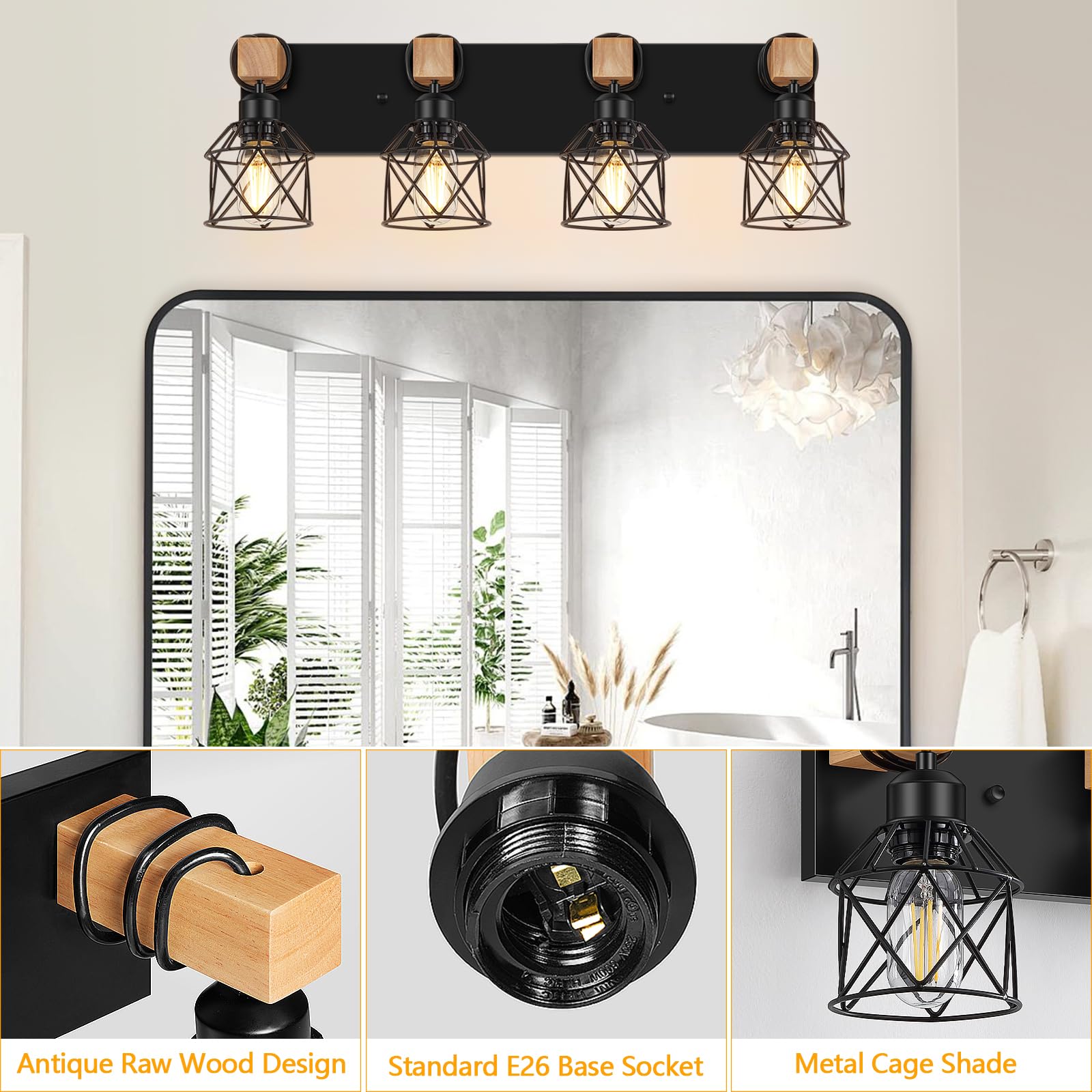 Fadimikoo 4-Light Rustic Wood Bathroom Vanity Light, Black Metal Cage Sconces, Model Fbd-07, Ideal For Hallway & Bedroom
