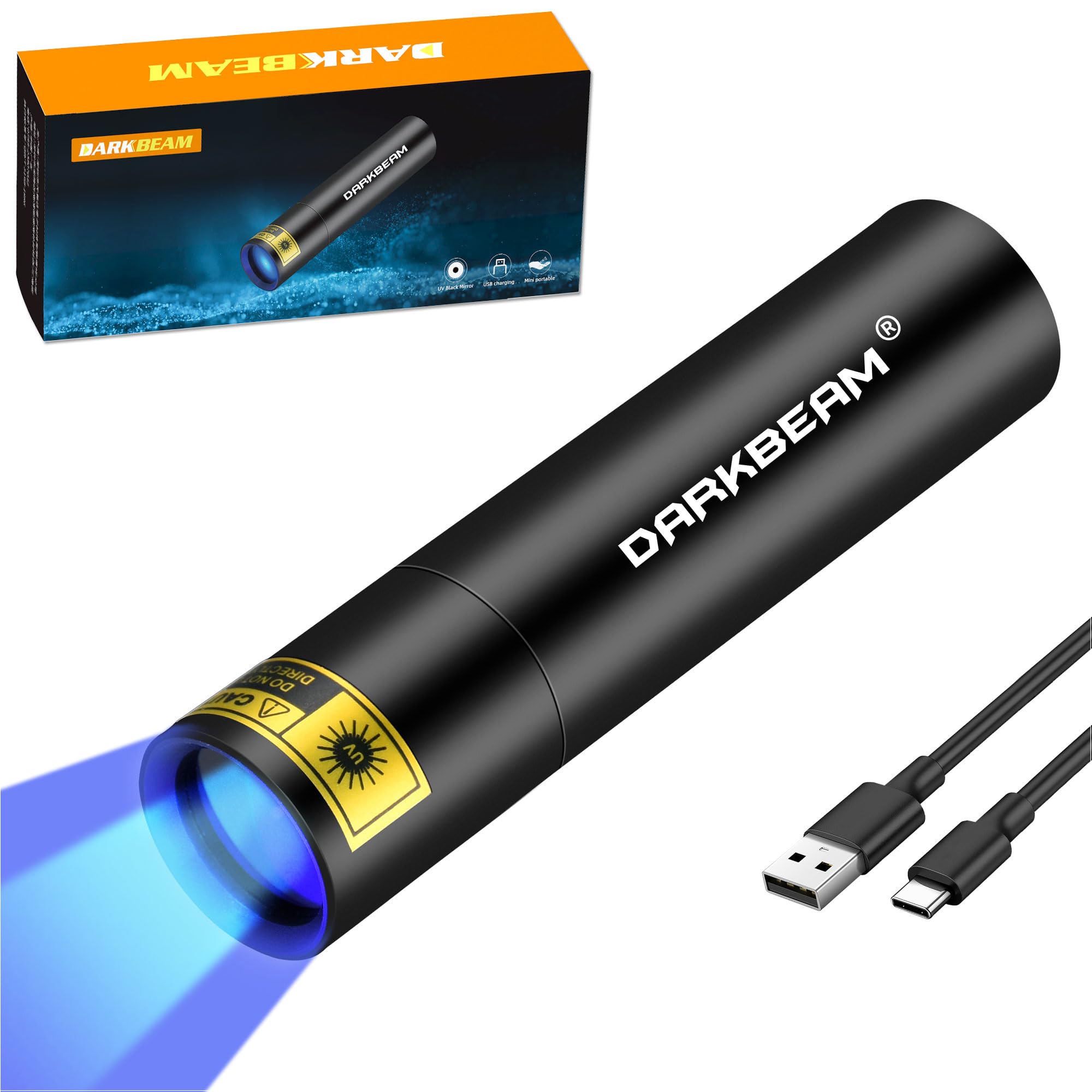 DARKBEAM Mini UV Black Light Flashlight 365nm - Rechargeable LED, Portable, Aluminum, Model DKL-V4, Black