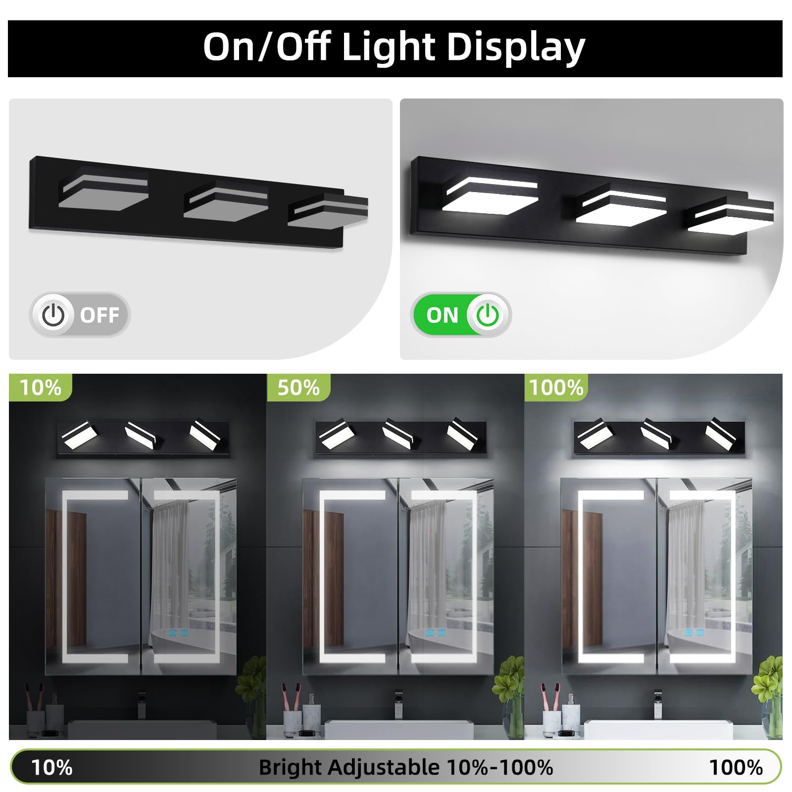OKELI 3-Light Bathroom Vanity Light Fixture, Dimmable LED, Adjustable 350°, Matte Black, 24 Inch, ETL Listed, Modern Design