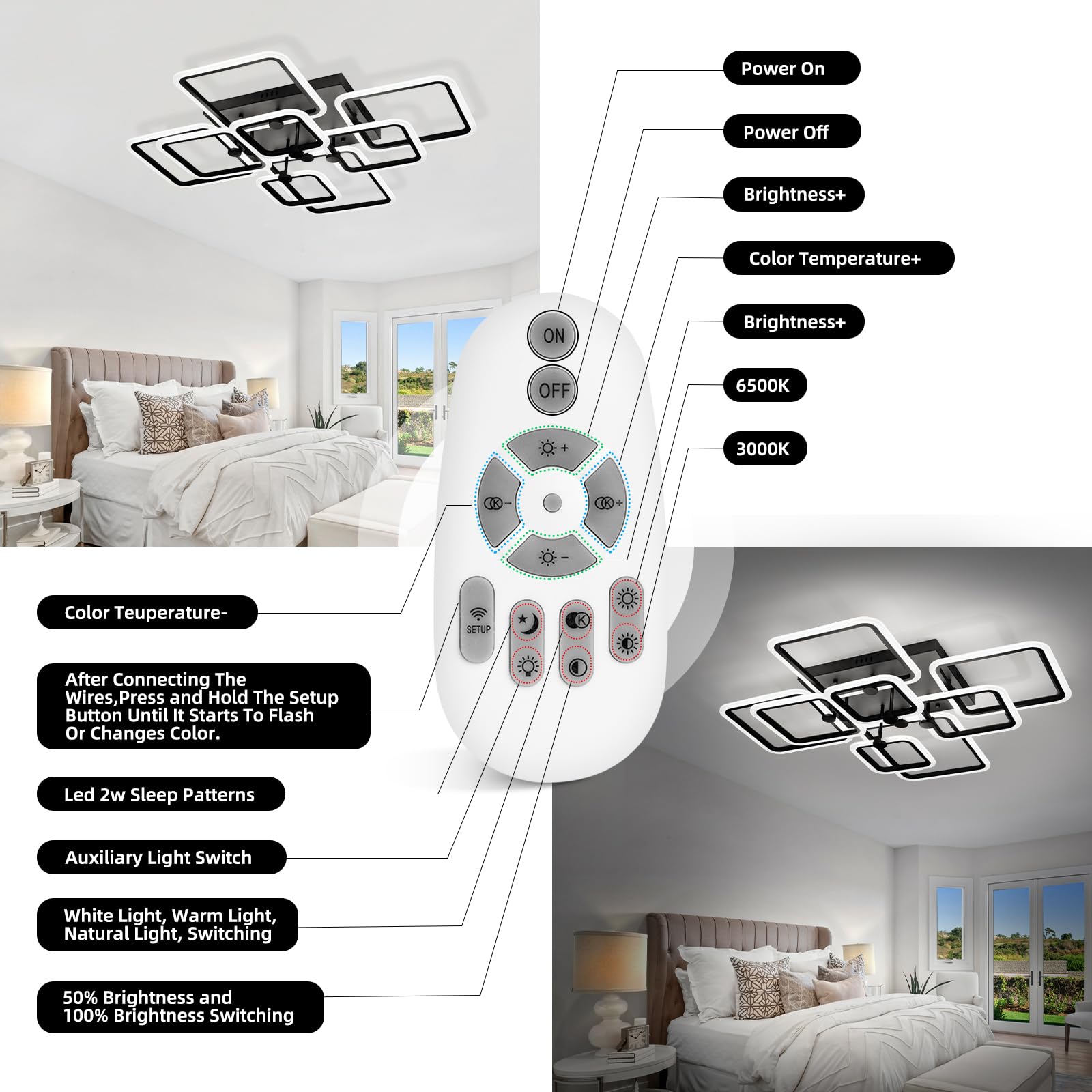 Seable Dimmable Modern Led Ceiling Light 8-Square Black Flush Mount Led Ceiling Light With Remote For Living Room Bedroom Close