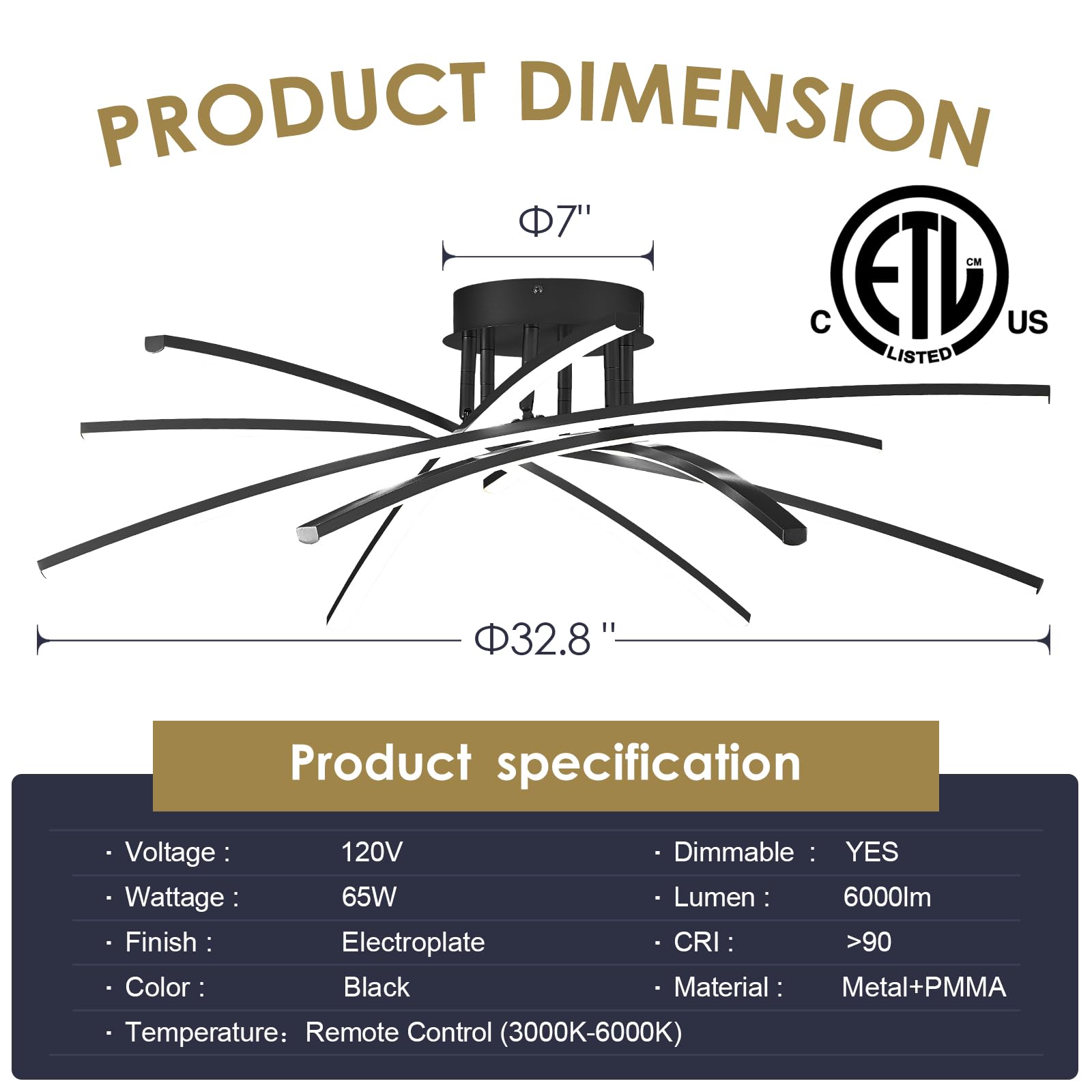 Airyphant Modern 32.8'' Led Chandelier Ceiling Light 6-Lights Black Dimmable Semi Flush Mount Ceiling Light Fixtures With Remote