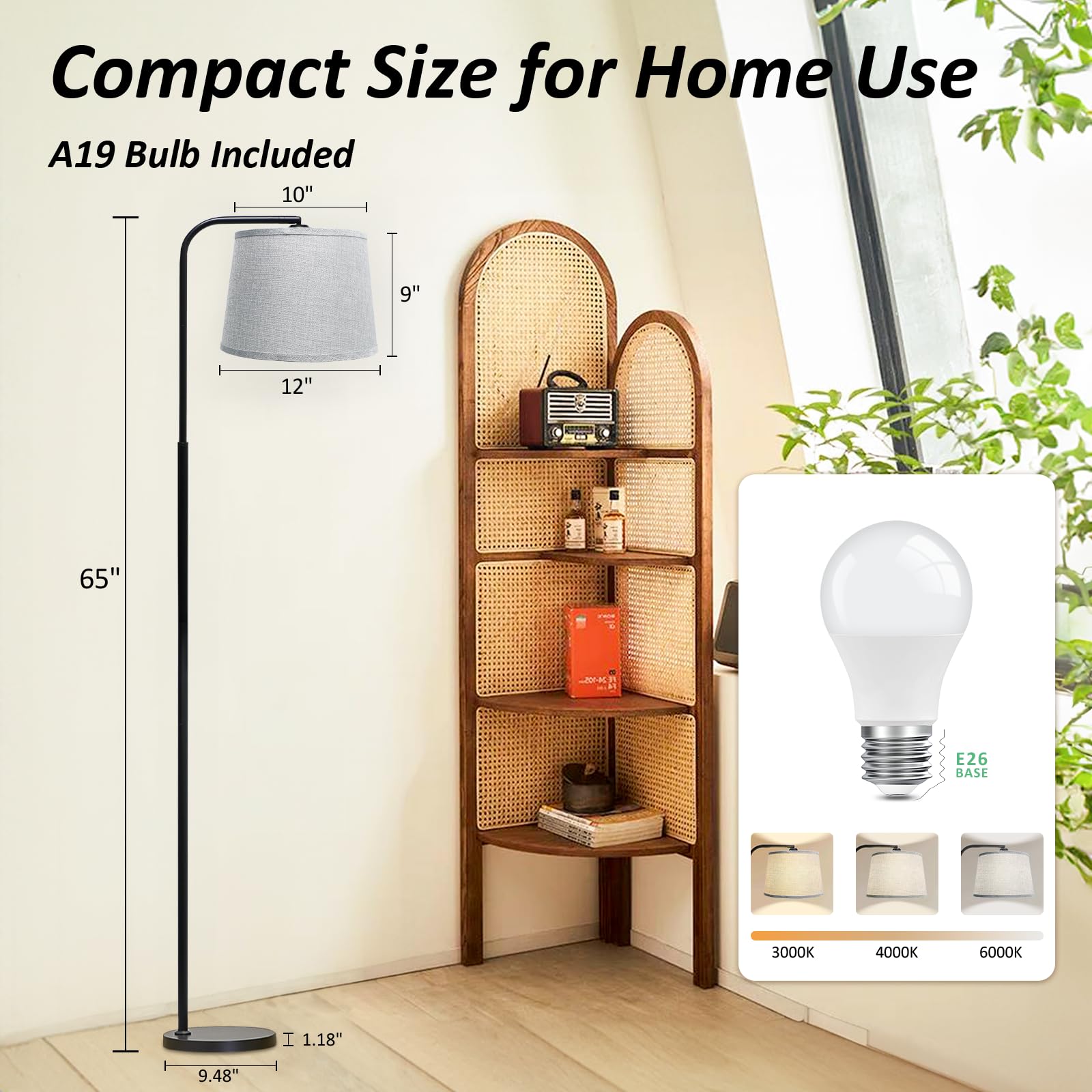 AKASUKI Floor Lamp, 3 Color Temperatures, Metal, Black Base-Grey Shade, Model LT-1125, Includes 9W LED Bulb