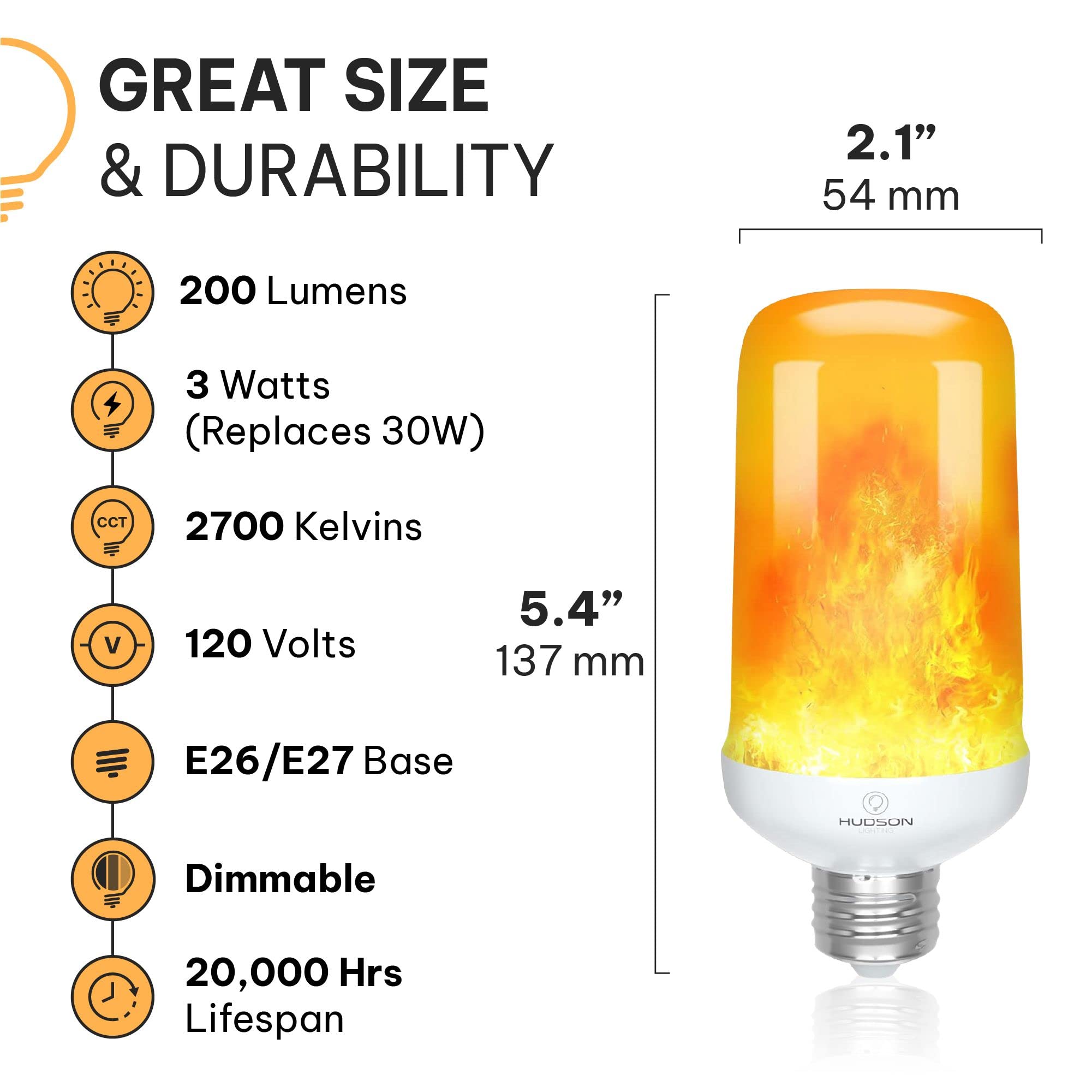 HUDSON BULB CO. 3W LED Flame Effect Light Bulbs, 4 Modes, E26/E27 Base, Orange Flickering Fire Light Bulbs, 2 Pack for Indoor/Outdoor