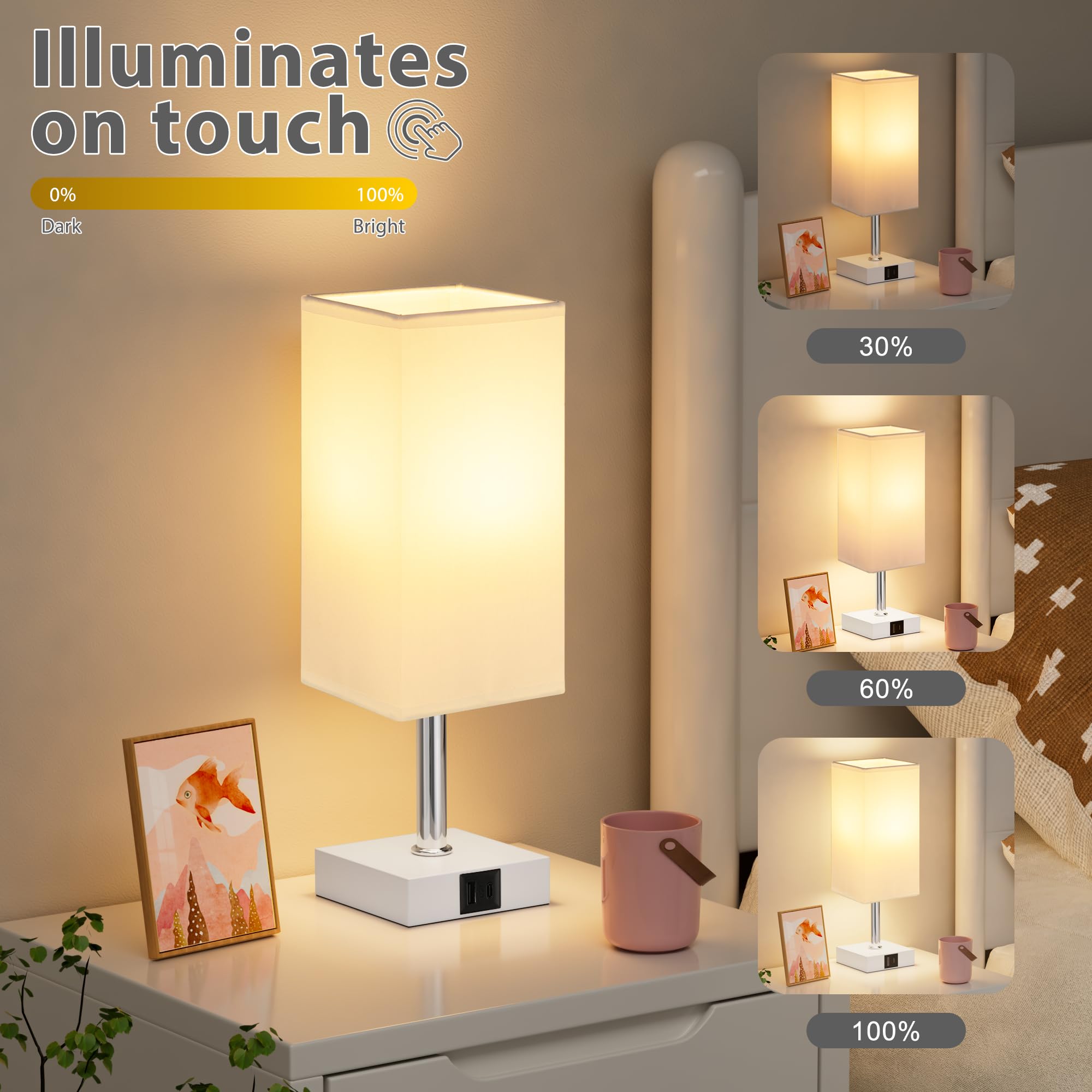 Ambimall Touch Control Table Lamp, USB A+C Ports, 3 Way, Metal, White Shade, Model RPT-1104