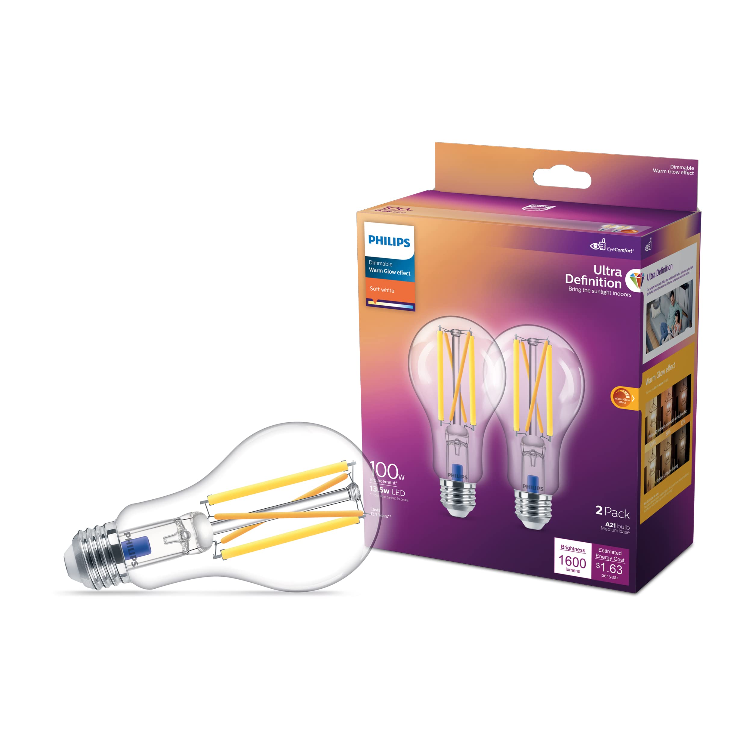 Philips LED A21 Ultra Definition Dimmable LED Light Bulbs - Flicker-Free 100w Light Bulbs with EyeComfort Technology - Soft Whit