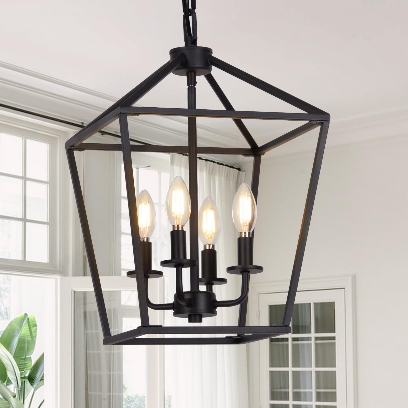 Seaside Village 4 Light Pendant - Black Metal Lantern Chandelier, Adjustable Height, E12 Base, Rustic Geometric Design for Kitchen or Entryway