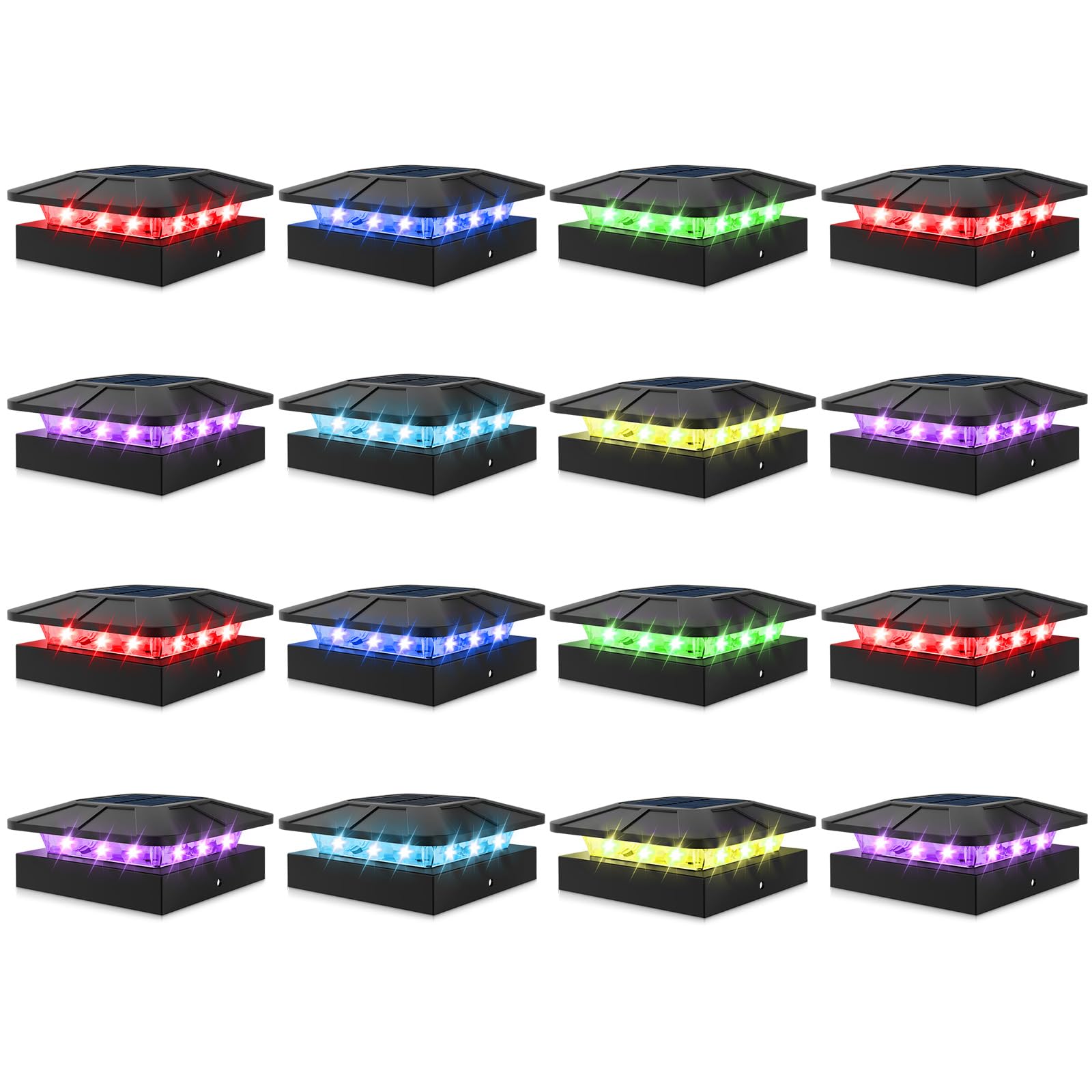 Peasur 4X4 Solar Post Cap Lights Rgb Color Changing  16 Pack Outdoor Led Fence Light Solar Powered Waterproof  Wood/Vinyl Posts Top Lighting For Outside Deck Yard Garden Patio
