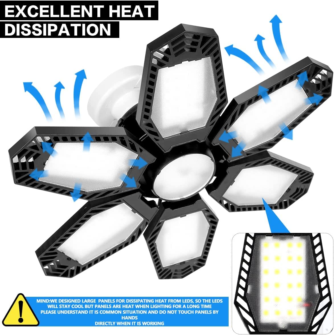 2 Pack LED Garage Lights, Deformable LED Garage Ceiling Light Deformable Light with 6 Adjustable Panels for Garage Workshop Base