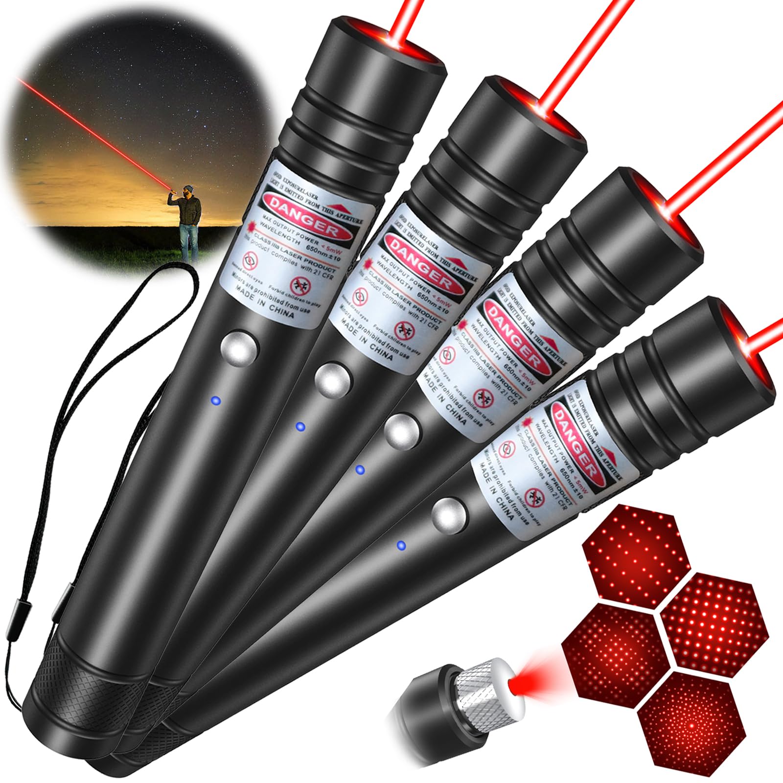 LETEAPII [4 Packs] Red Light Flashlight, Long Distance USB Rechargeable Tactical Beam with Star Cap Adjustable Effect for Outdoo