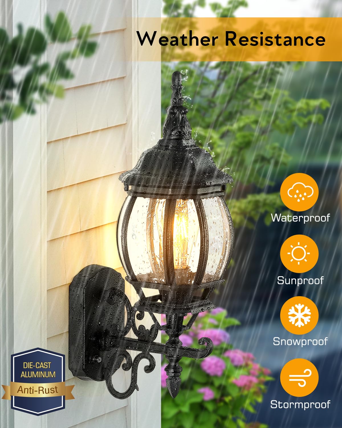 VIANIS Outdoor Wall Light - Modern Black Aluminum Porch Sconce, Dusk to Dawn, Model V81121U.BK, 1-Pack