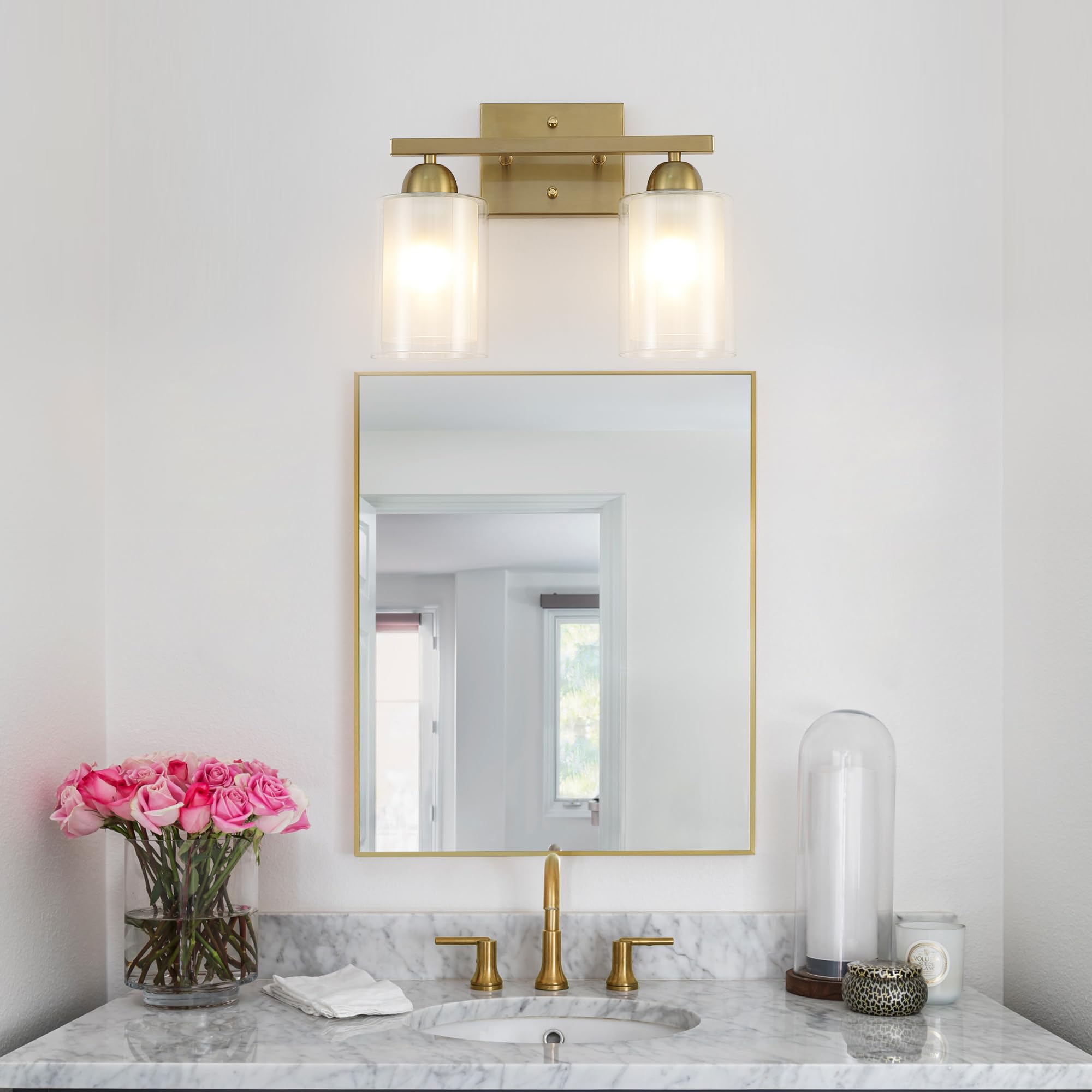 Mecgirn Stainless Steel Bathroom Vanity Light, 2 Light Brushed Gold Fixture with Milk & Clear Glass Shades, Model B0007-2-Gold