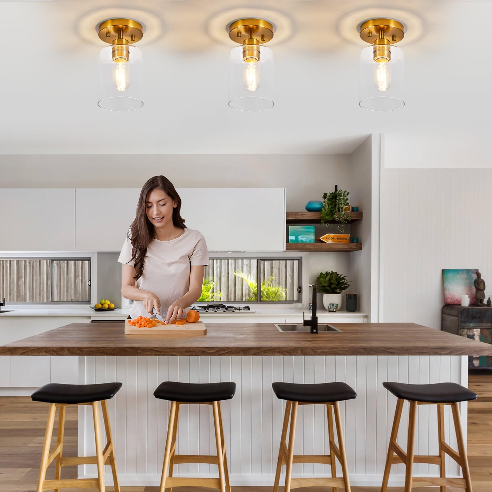 Gold Semi Flush Mount Ceiling Light, 1-Light Hallway Ceiling Lights, Over Sink Lighting Fixtures Kitchen, Brass Hallway Light Fi