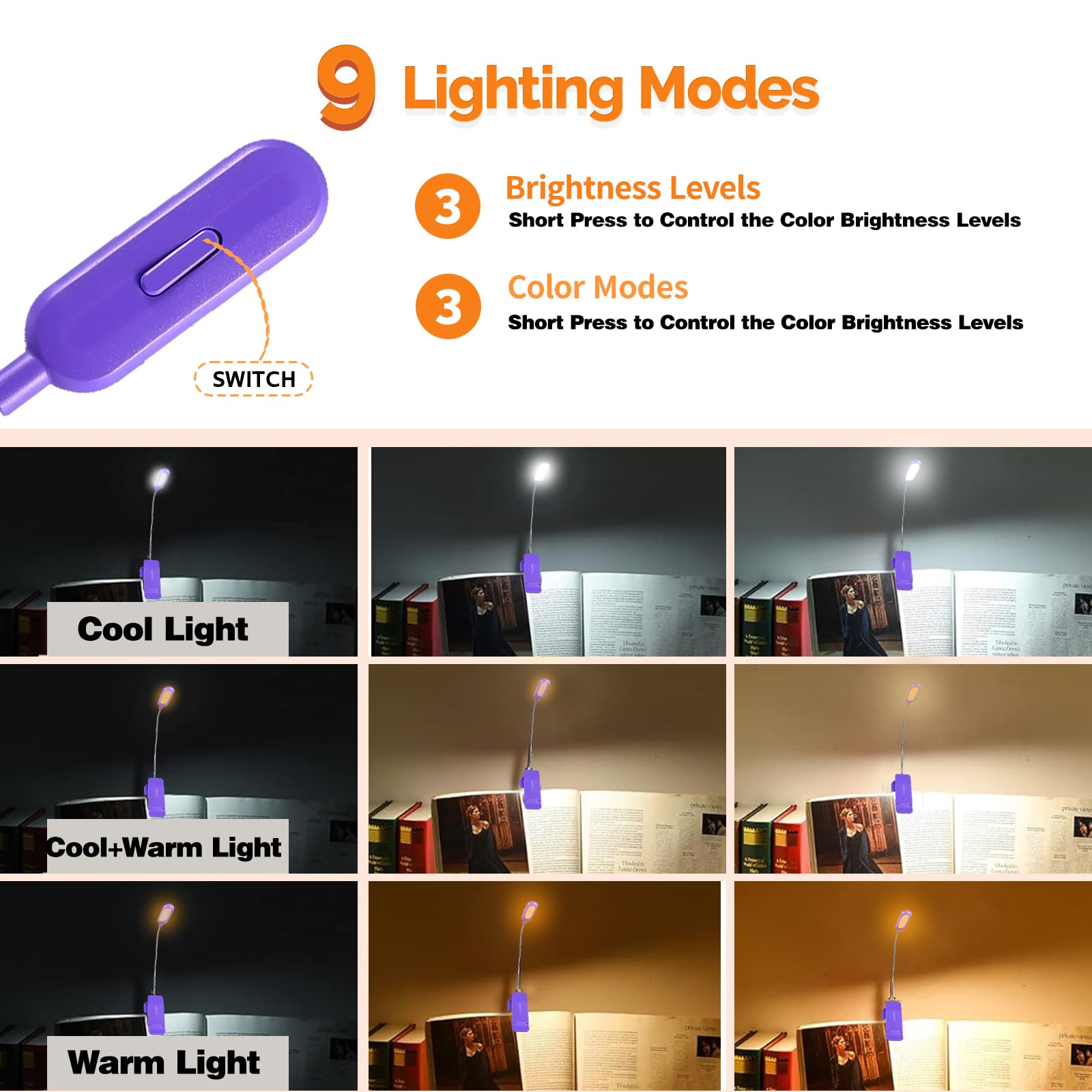 VAVOFO Rechargeable Book Light, 7 LED, 9-Level Warm Cool White, Eye Care Lamp, Dark Purple, Model KM-6720