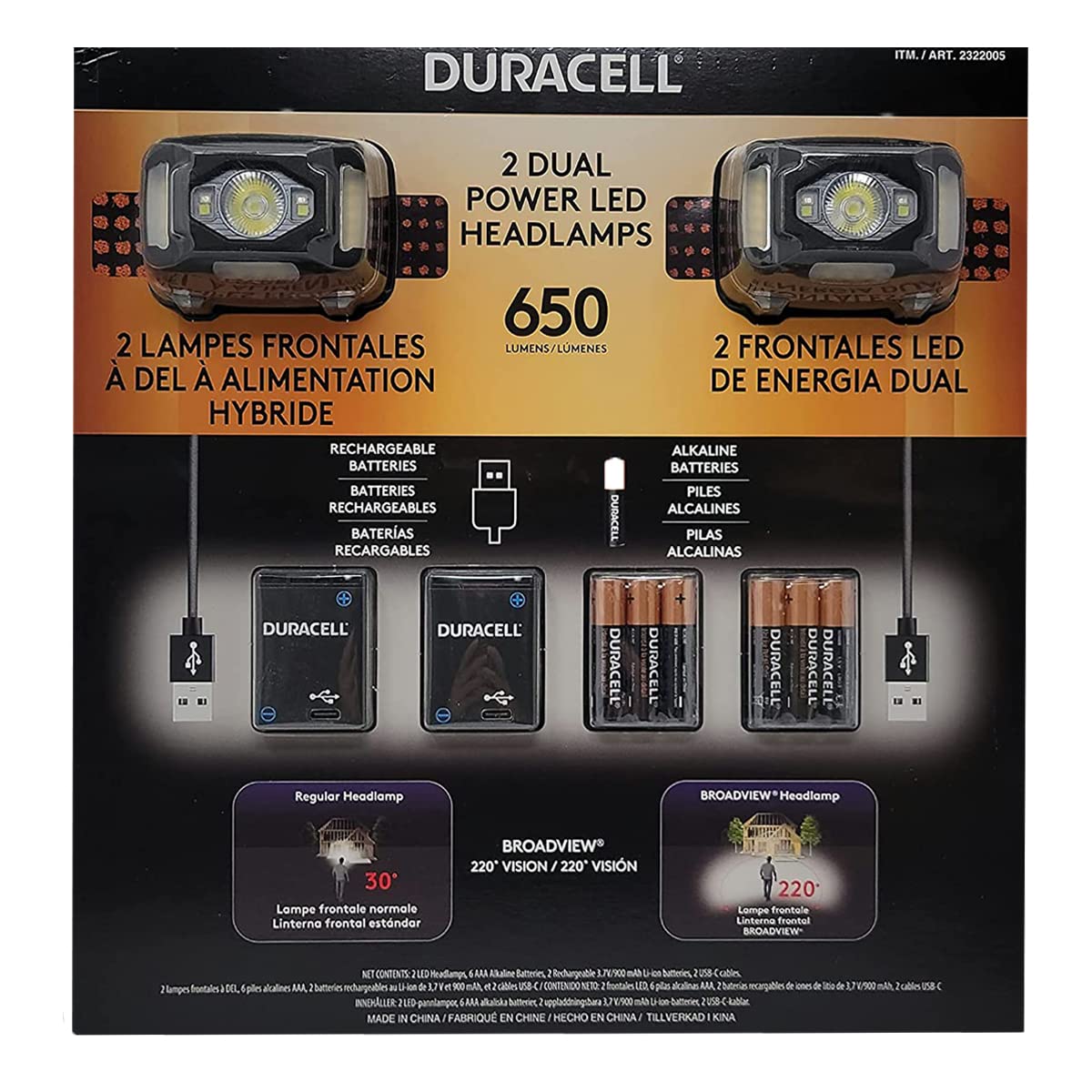 Duracell Dual Power 650 Lumens LED Headlamp with Rechargeable Batteries & Alkaline Batteries - Pack, Black