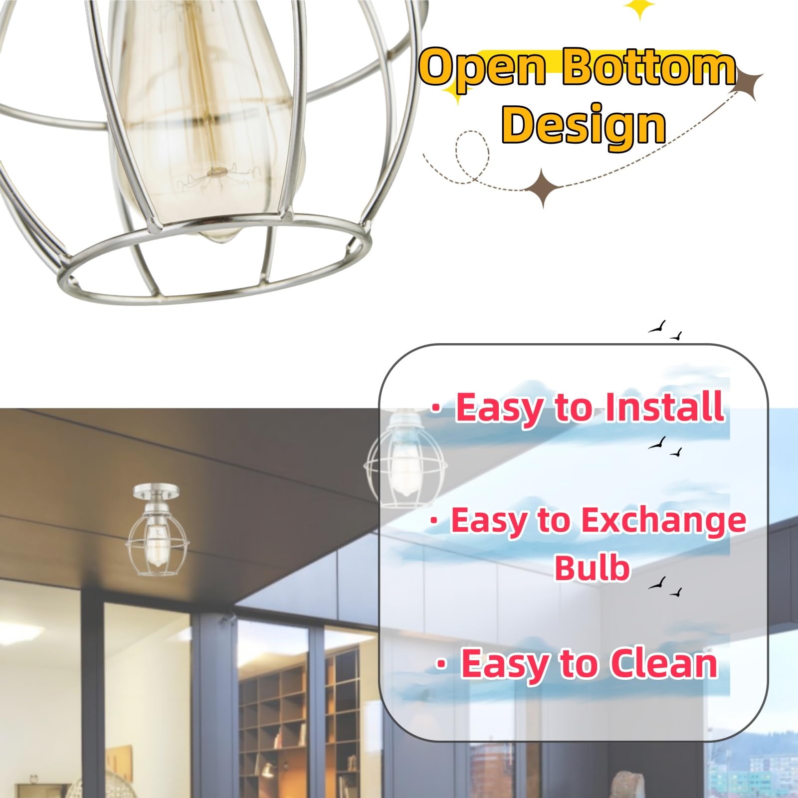 Wisbeam Semi Flush Mount Ceiling Light, Metal, E26 Base, 60W Max, Nickel Finish, Etl Rated, Model Ws-Cl018, Bulbs Not Included, 1