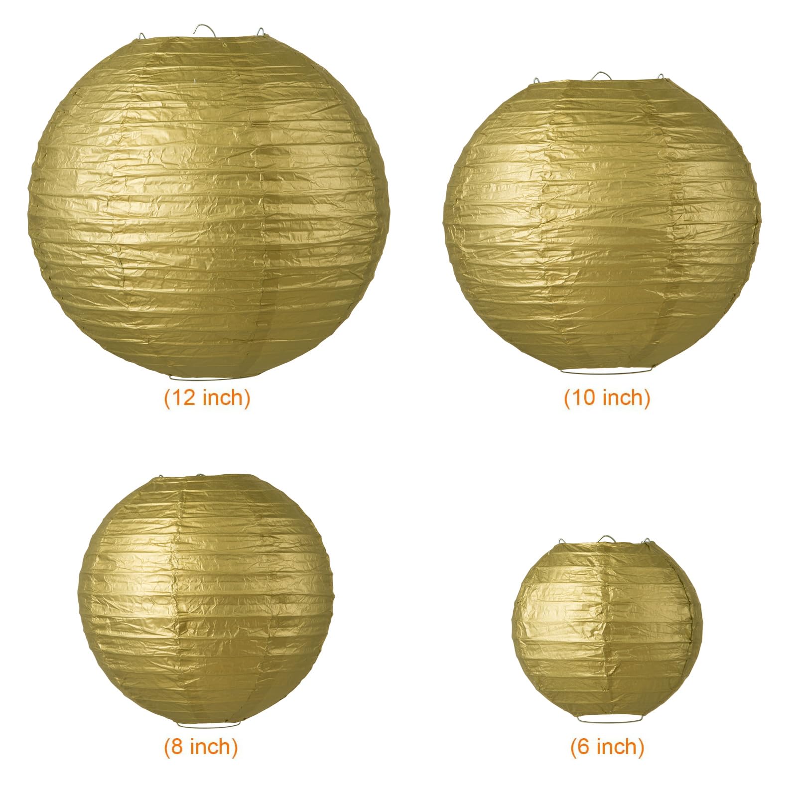 Lihao 10Pcs Mixed Size Gold Paper Lanterns For Weddings, Birthdays, Parties And Events (6''/ 8''/ 10'' /12'')