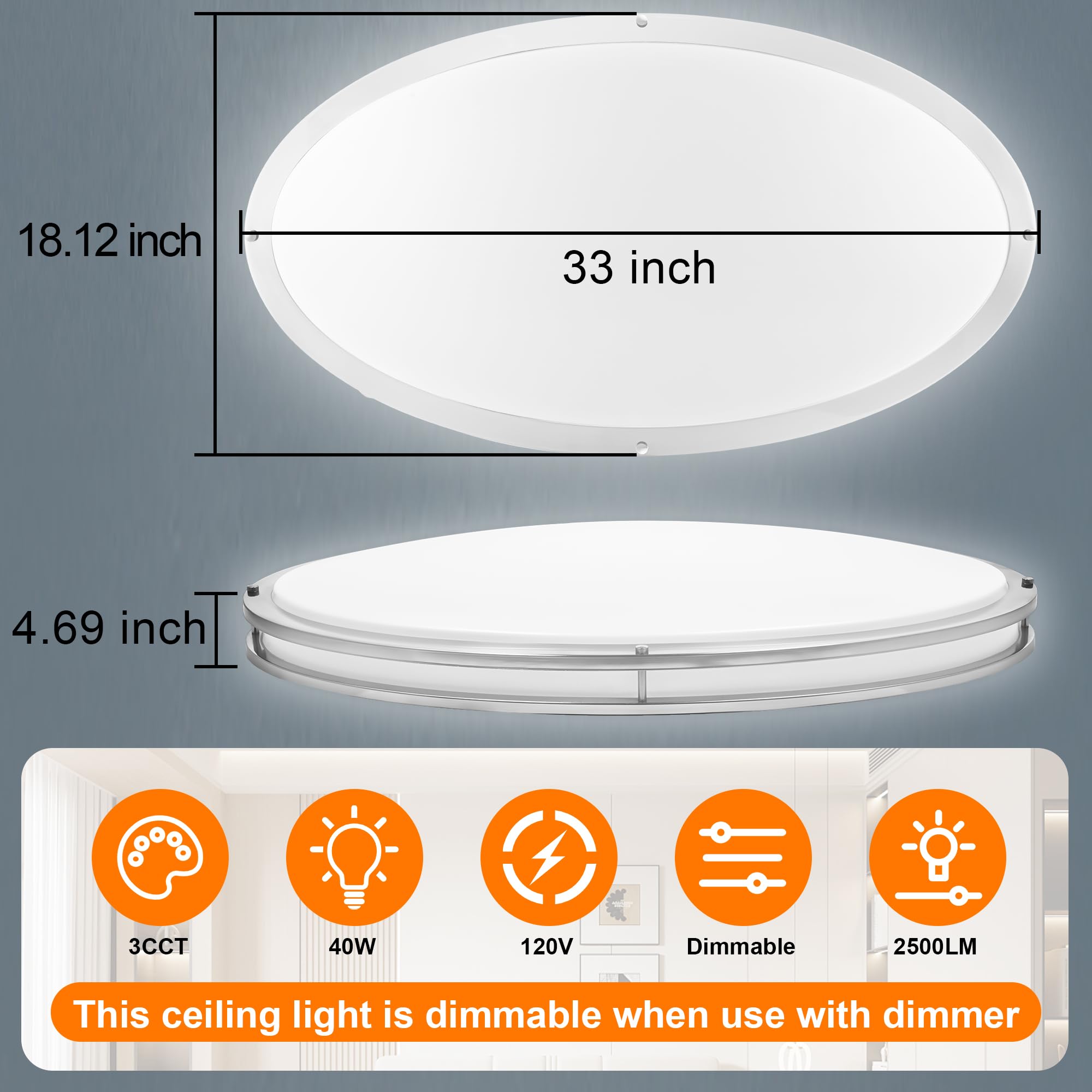 33 Inch Oval Brushed Nickel Ceiling Light Fixture - Flush Mount Led Kitchen Ceiling Lamp 3000K/4000K/5000K Adjustable Brushed Ni