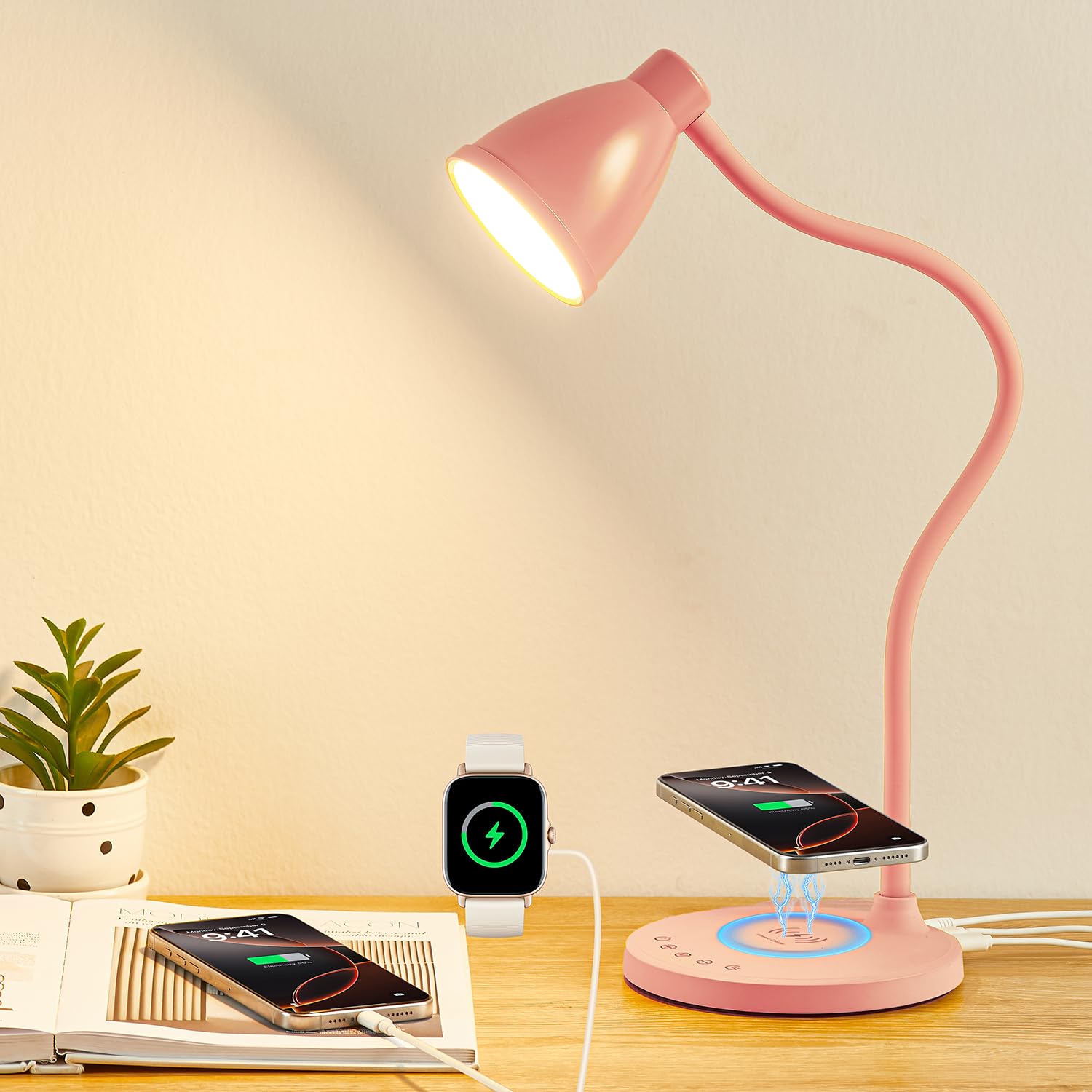 BOHON Cute Desk Lamp with USB C+A Charging Ports, Wireless Charger Pink Lamp, 5 Colors Stepless Dimming Reading Light, Touch Bed
