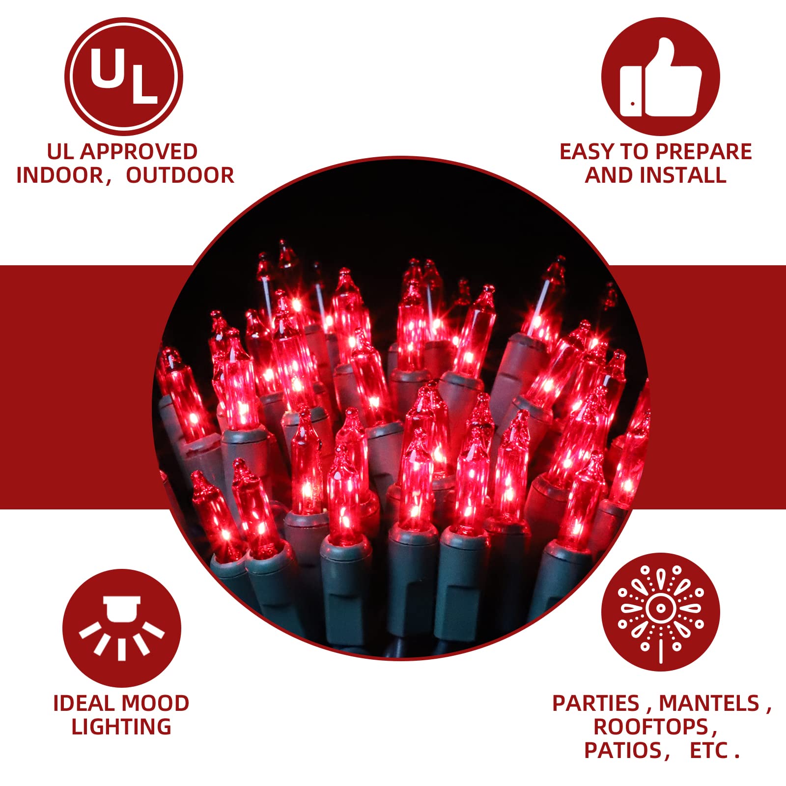 Xmashome 19.6Ft Green Wire Red String Lights, 100 Count Incandescent Christmas Lights