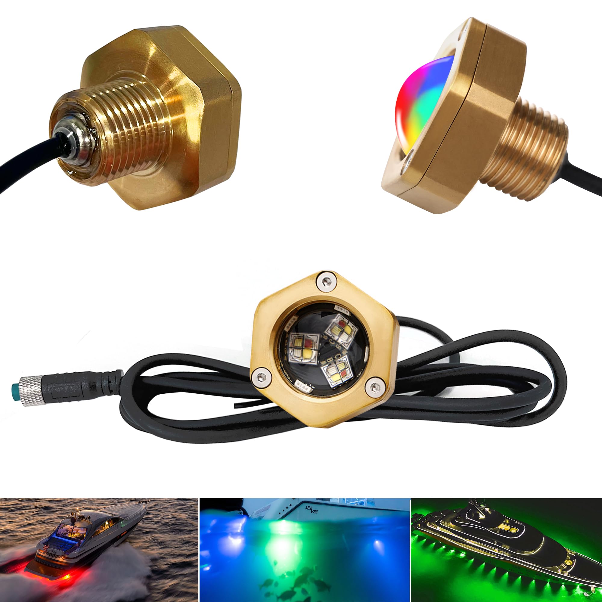 Kingshowstar RGBW Underwater Boat Drain Plug Light, IP68 Waterproof, 1/2in NPT, Durable Bronze Housing, Model KS-RGBW-S01