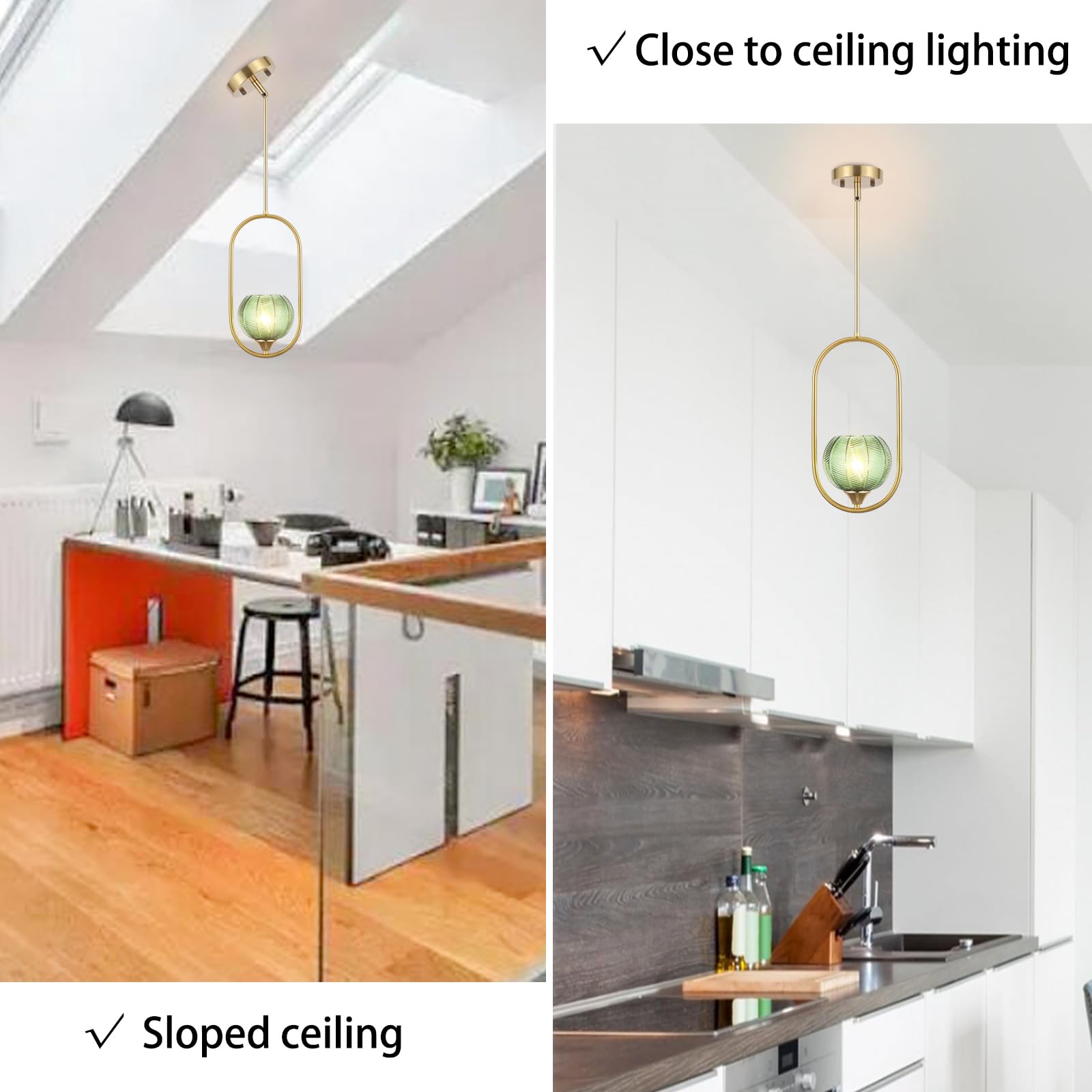 Byoliima Modern Gold Globe Pendant Light With Green Globe Glass Lampshade Mid Century Chandelier 1-Light Brushed Brass Frame Ceiling Hanging Lighting Fixture For Kitchen Island Dining Room Bedroom