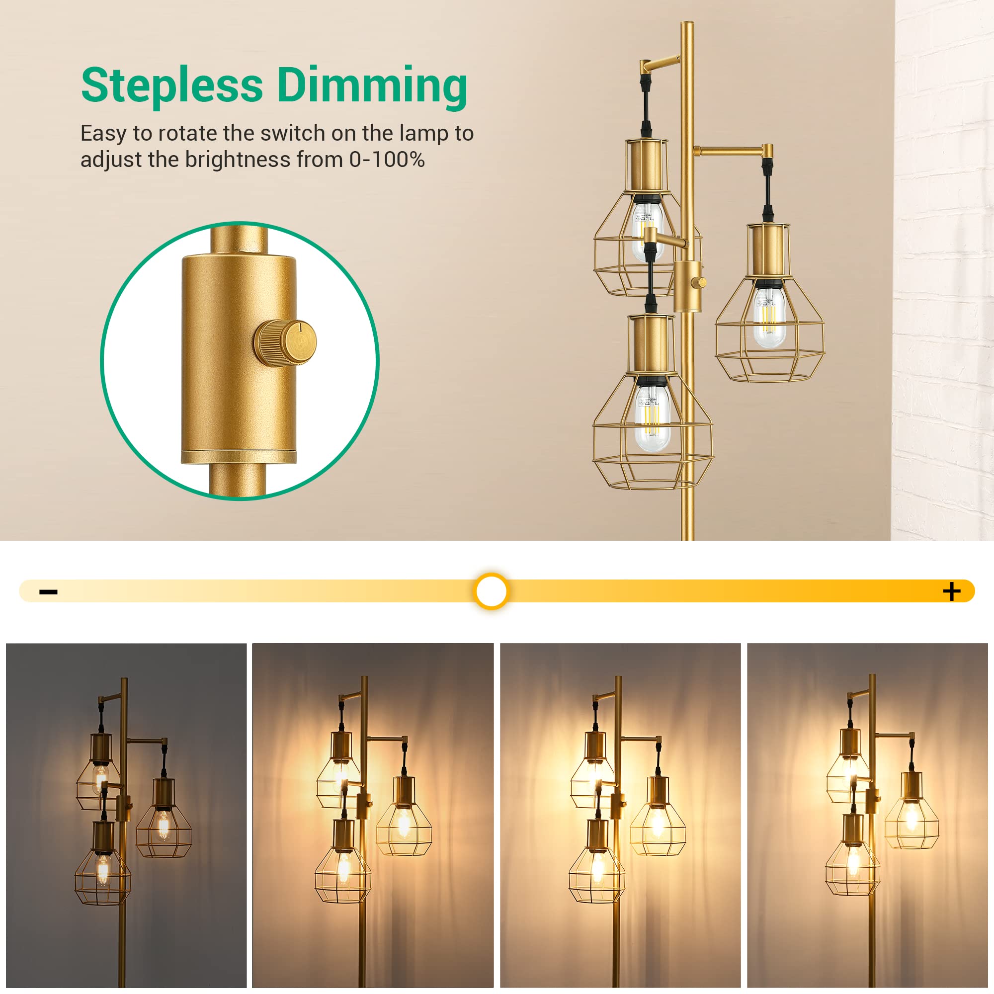EDISHINE Industrial Dimmable Floor Lamp, Gold Metal Design with 3 LED Edison Bulbs, Modern Tall Corner Lamp for Living Room, Model HFLG03G