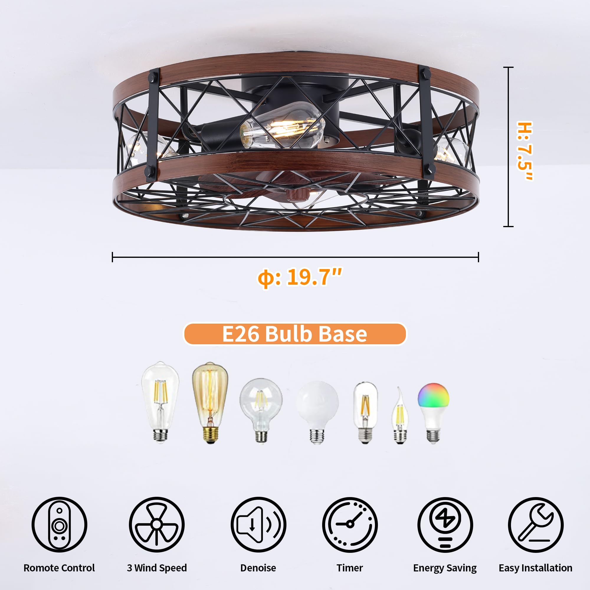 REDSTAR Flush Mount Caged Ceiling Fan, 20" Bladeless, 4-Speed, Iron, Black Brush Gold, Model A264, Ideal for Bedroom & Kitchen