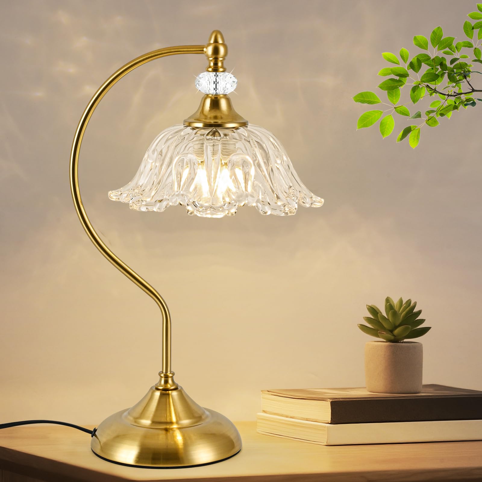 sunkryster Gold Table Lamp with a Floral Clear Glass Shade  A Plug-in Nightstand Lamp in Brushed Gold Finish for Bedroom  Living Room Office  and Desk
