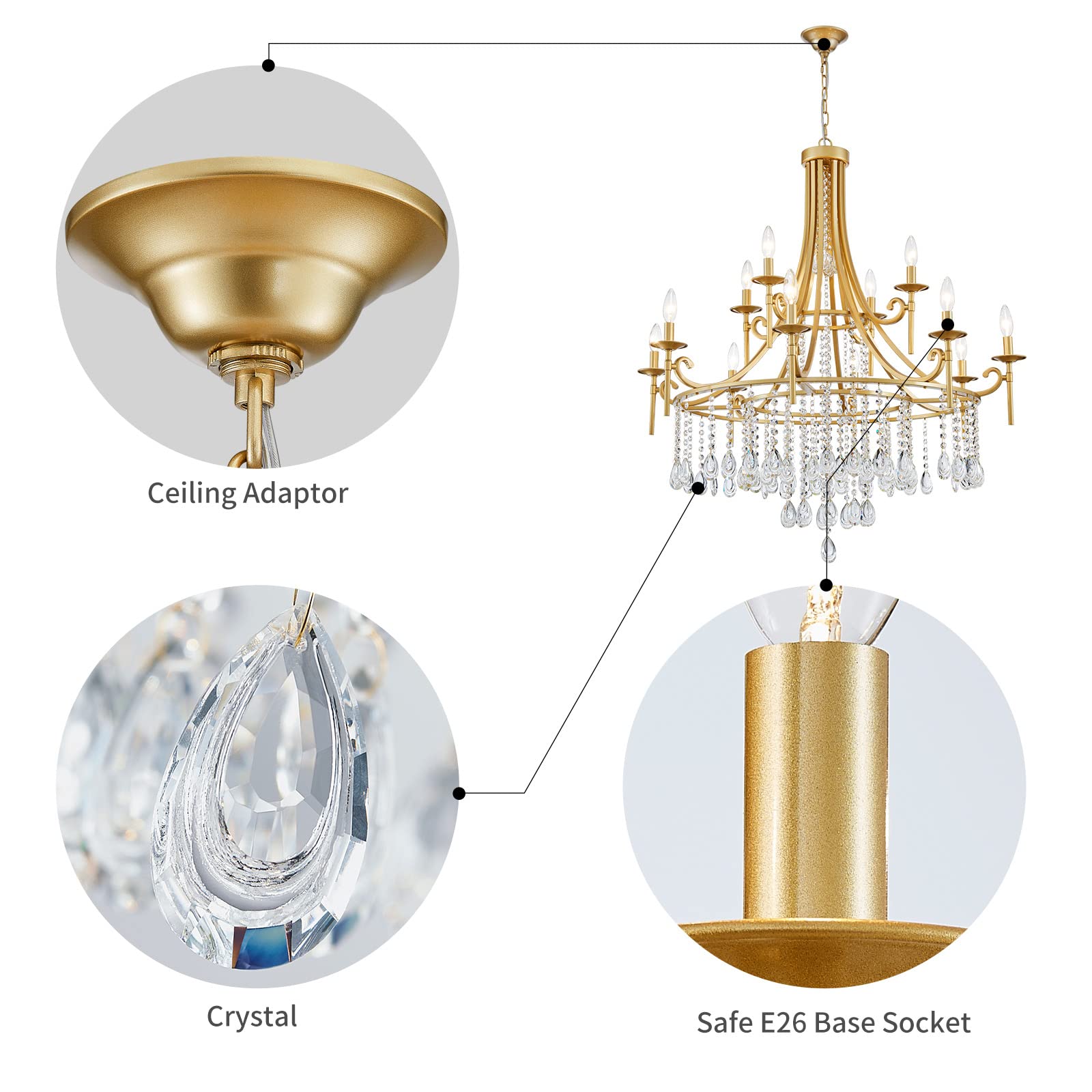 WUZUPS 12-Light Candle Chandelier Pendant Ceiling Light, Modern Gold Wagon Wheel Fixture for Bedroom, Kitchen, Living Room