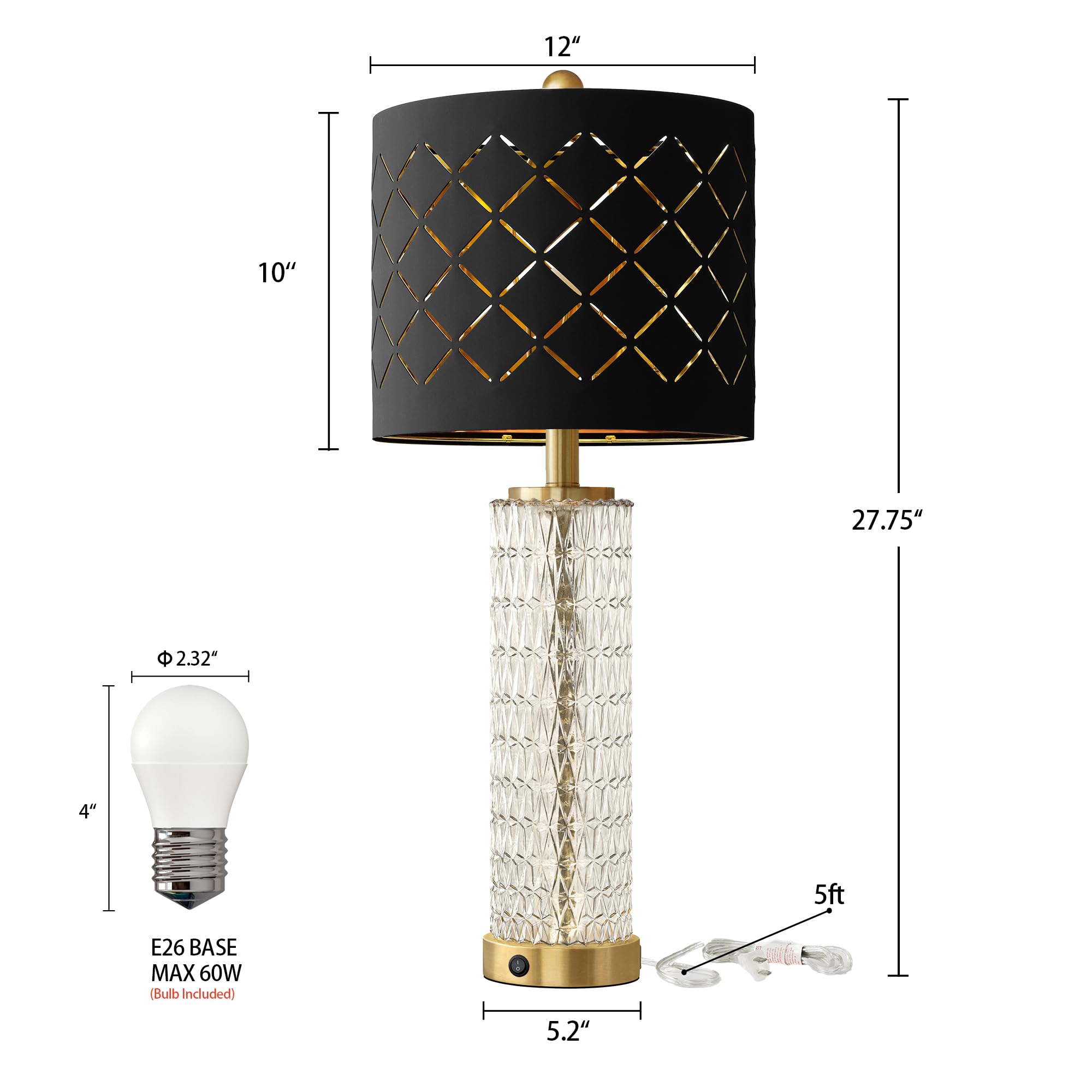 Oneach 27.75'' Modern Table Lamps Set Of 2, Gold Bedside Lamp With Crystal Nightlight, Usb A+C, Black Grid Shade, Unique Desk La