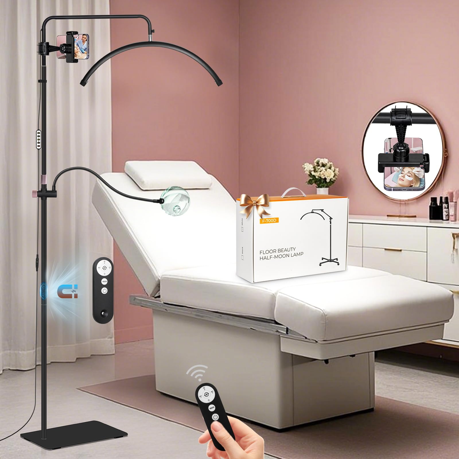 HITTI Half Moon Lash Light -Professional Eyelash Extensions LED Lamp with 5X & 10X Magnifier, Phone Holder & Remote for Esthetic