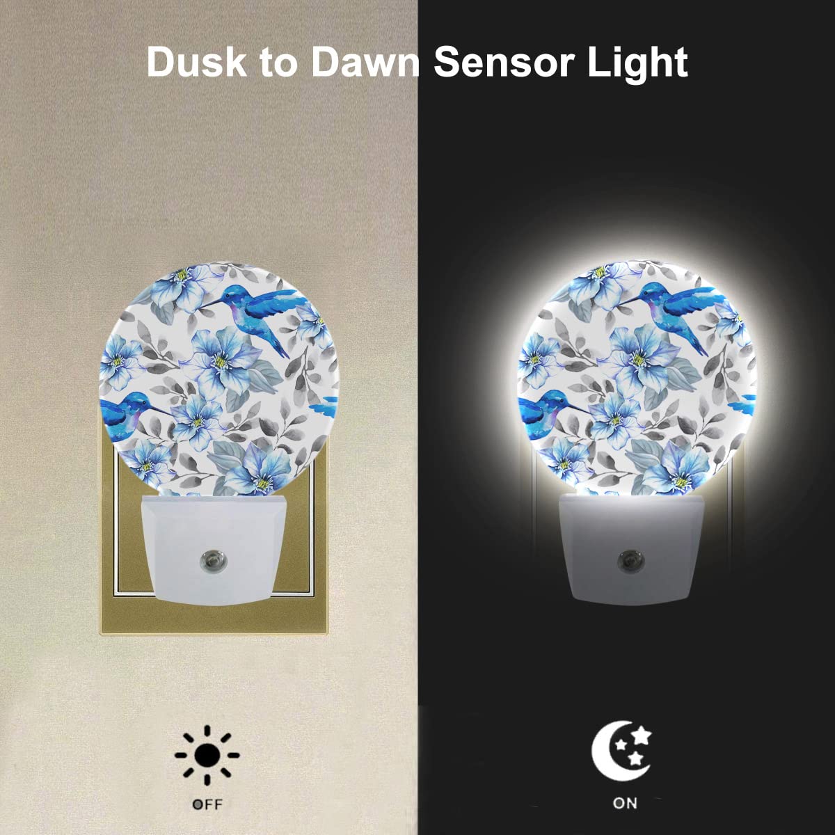 EKOBLA Blue Hummingbirds Night Light - Auto On/Off LED, 0.5W, ABS Plastic, 1.14"D x 2.95"W x 4.95