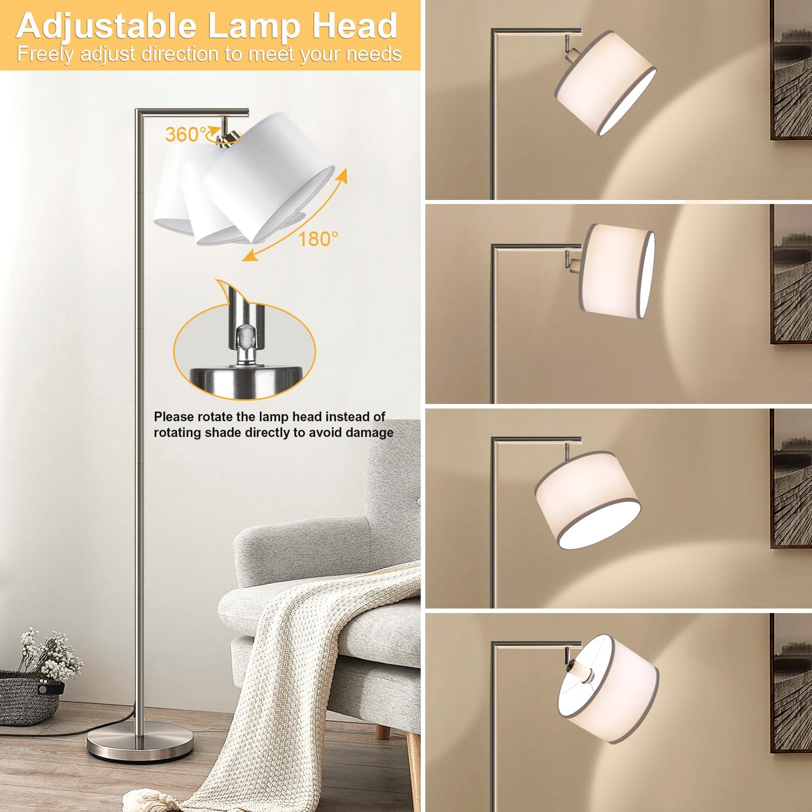 Boncoo LED Floor Lamp - Modern Dimmable Standing Light, Adjustable Head, Silver, 9W Bulb Included
