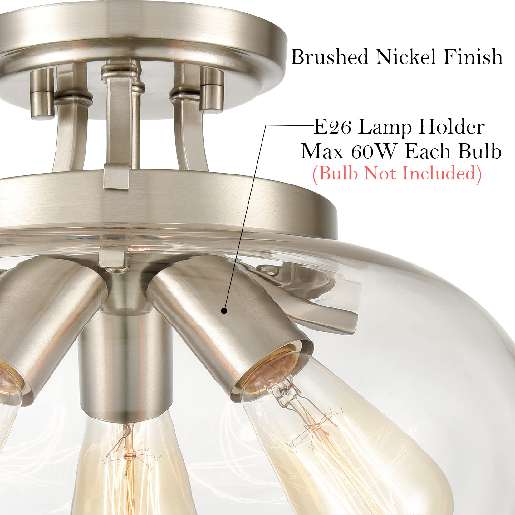 Teenyo 13.6-Inch Brushed Nickel Semi Flush Mount Ceiling Light Modern 3-Light Clear Glass Ceiling Light Fixture For Hallway Bedr