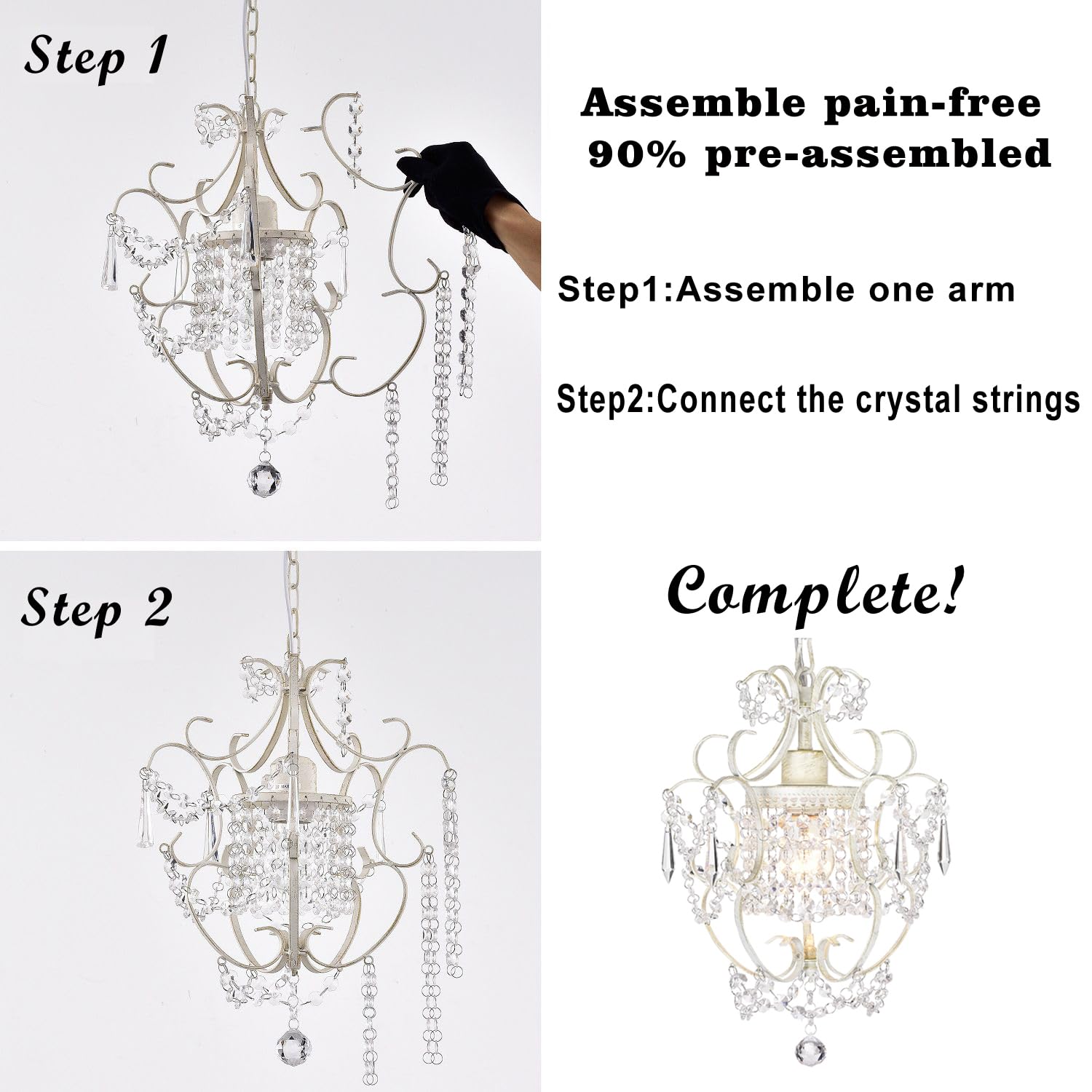 Small Crystal Chandelier For Bedroom, 90% Pre-Assembled 1 Light White Chandelier, Mini Acrylic Crystal Ceiling Light Fixture Cha