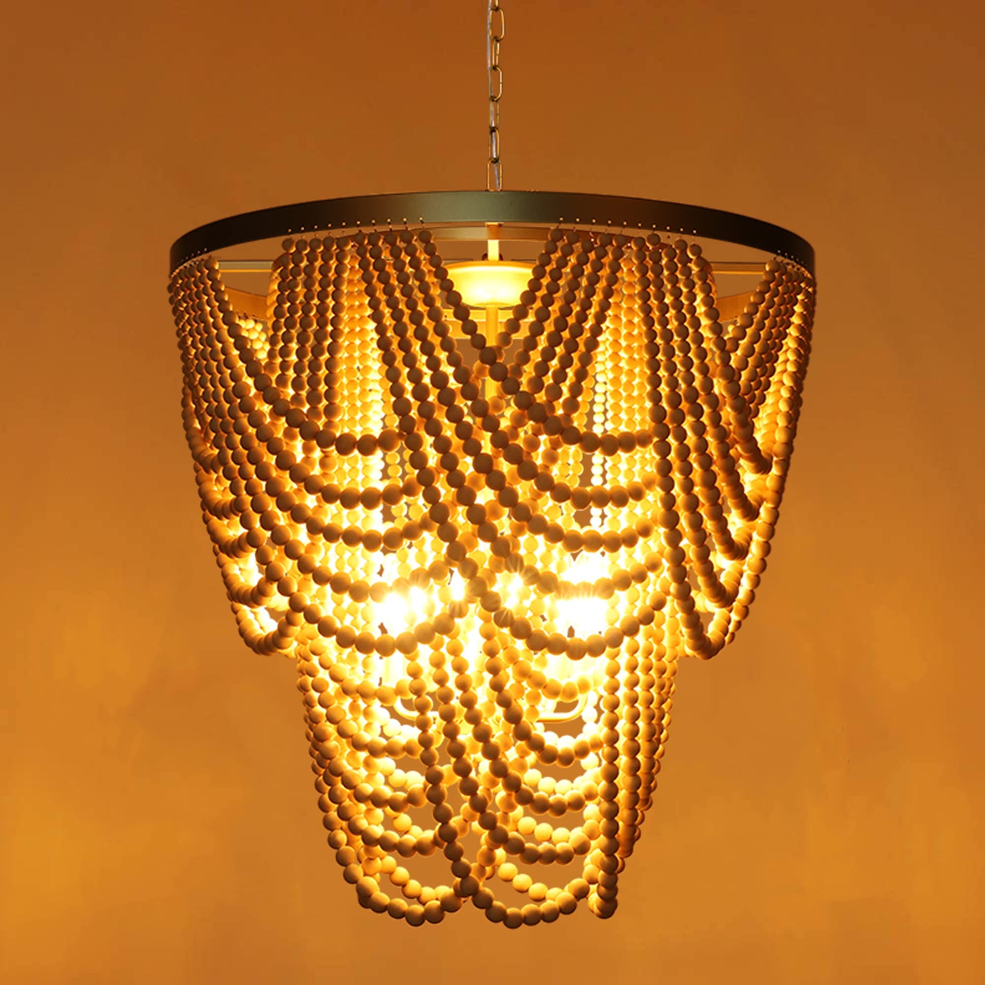 6-Light Bohemia Wood Beaded Chandelier For Dining Room, Coastal Pendant Light For Bedroom, Modern Farmhouse Light Fixtures For Entryway, Gold And Oak Finish