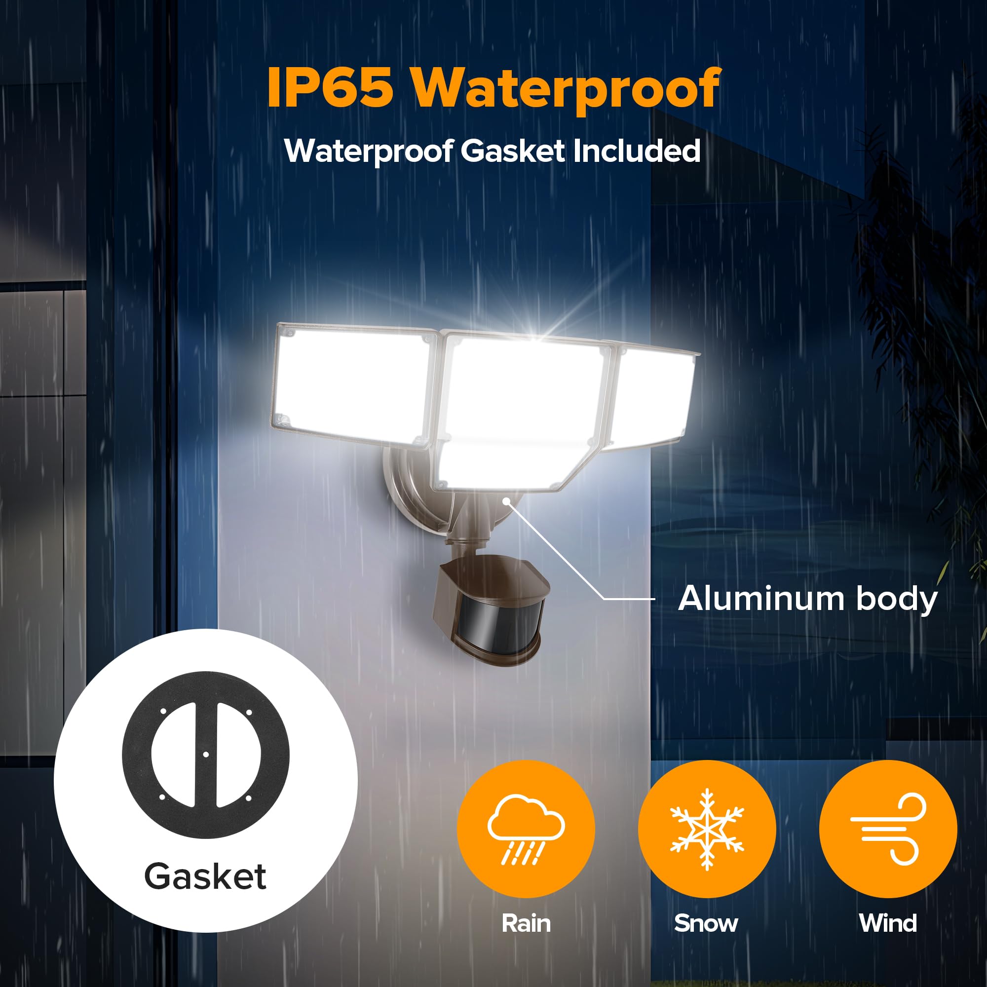 LUTEC 80W LED Security Light with Motion Sensor, 9000LM, 4 Head, IP65 Waterproof, 5000K Daylight, Brown, Model 7632816012