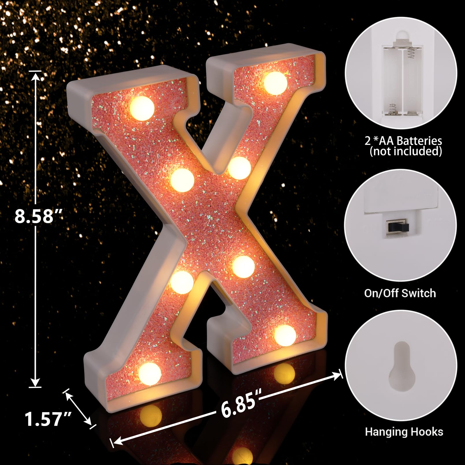 TRONSBOO LED Letter Light - Pink Glitter Marquee Sign, Battery Powered, 6.85in x 8.58in, Model Pink-Light-X, Perfect for Party Decoration