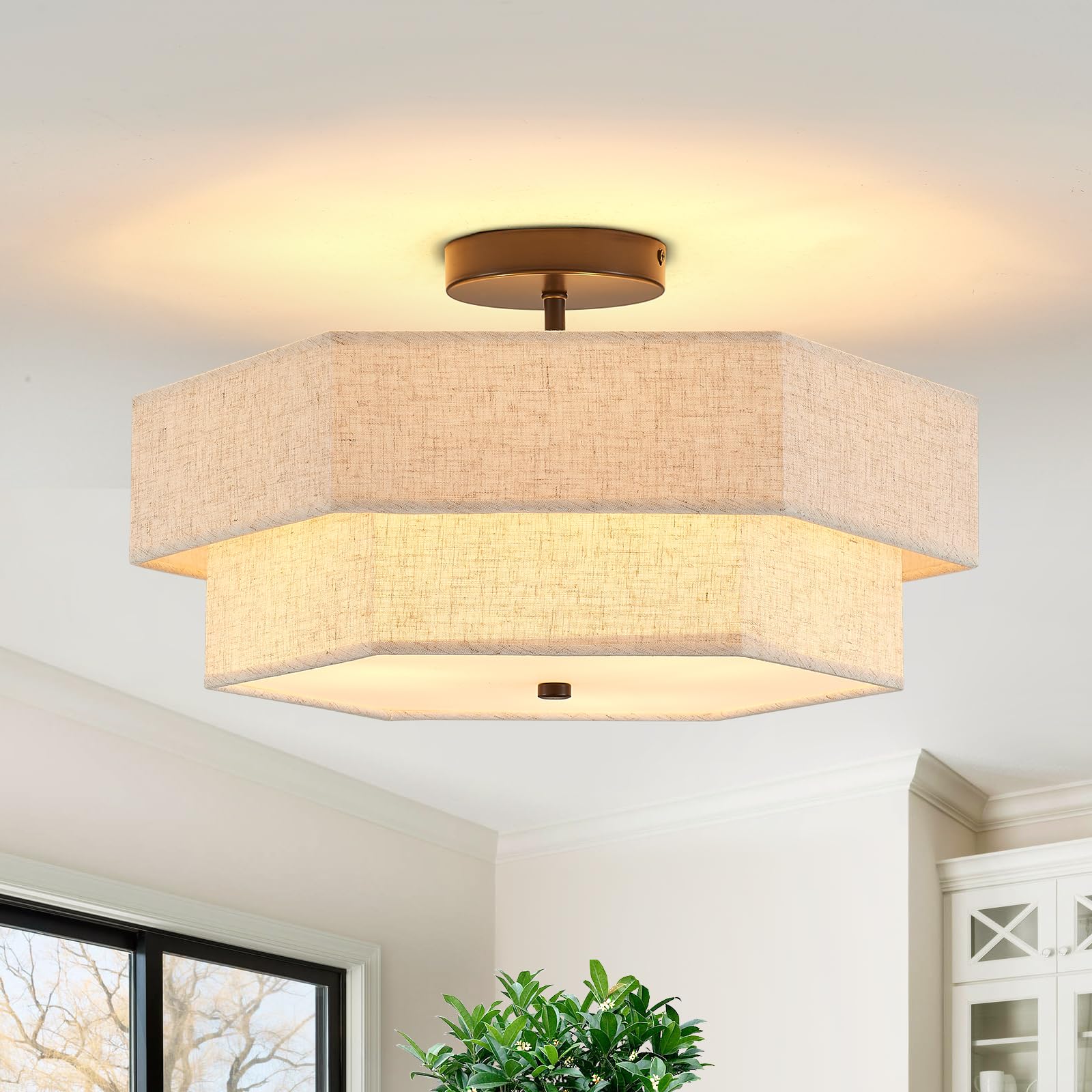 Widluth Modern Semi Flush Mount Ceiling Light 18'' Modern Black Drum Ceiling Lighting Fixture With Linen Shade Vintage Ceiling L