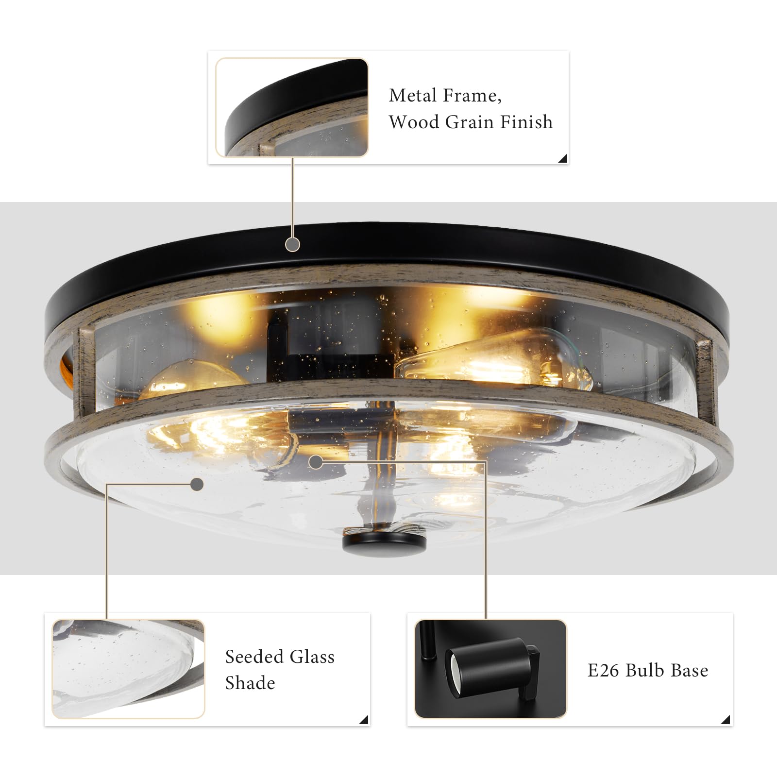 Rosient 16 Inch Large Flush Mount Ceiling Light Fixture With Seeded Glass, Wood Grain Round Ceiling Lamp Shade, Modern Farmhouse