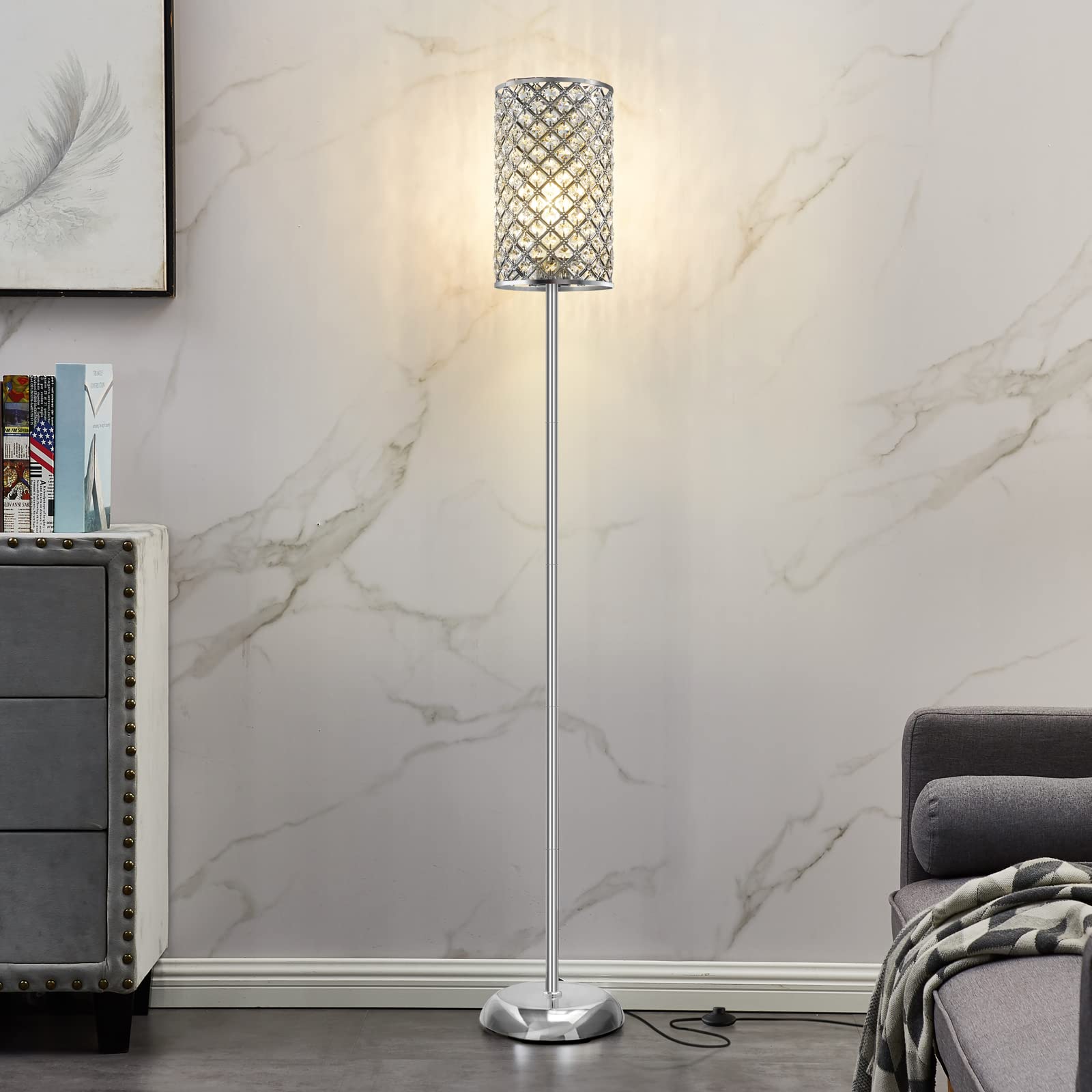 GyroVu Elegant Silver Metal Floor Lamp, 66.5" Tall with On/Off Foot Switch, Modern Accent Light for Living Room, Bedroom, Office