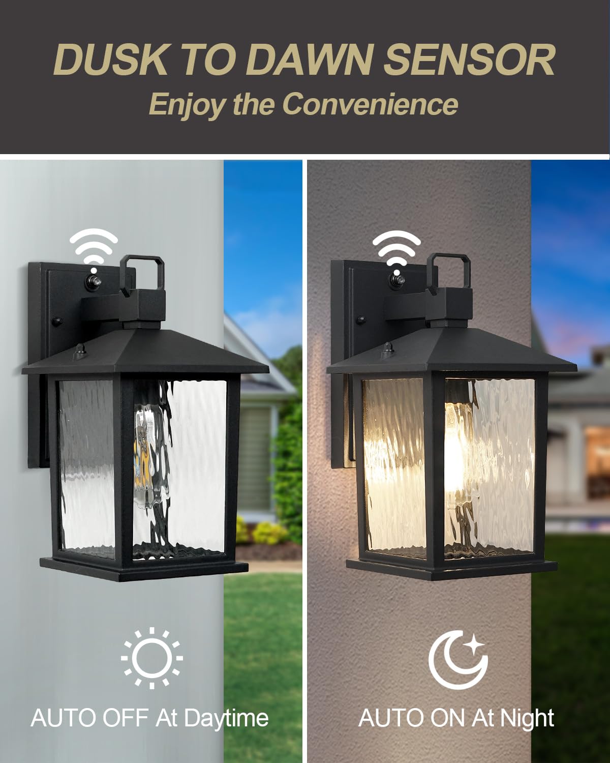 ZILLSEA Dusk to Dawn Outdoor Light Fixture, 12" Matte Black Wall Lantern with Water Ripple Glass, Waterproof, Model A0501P1