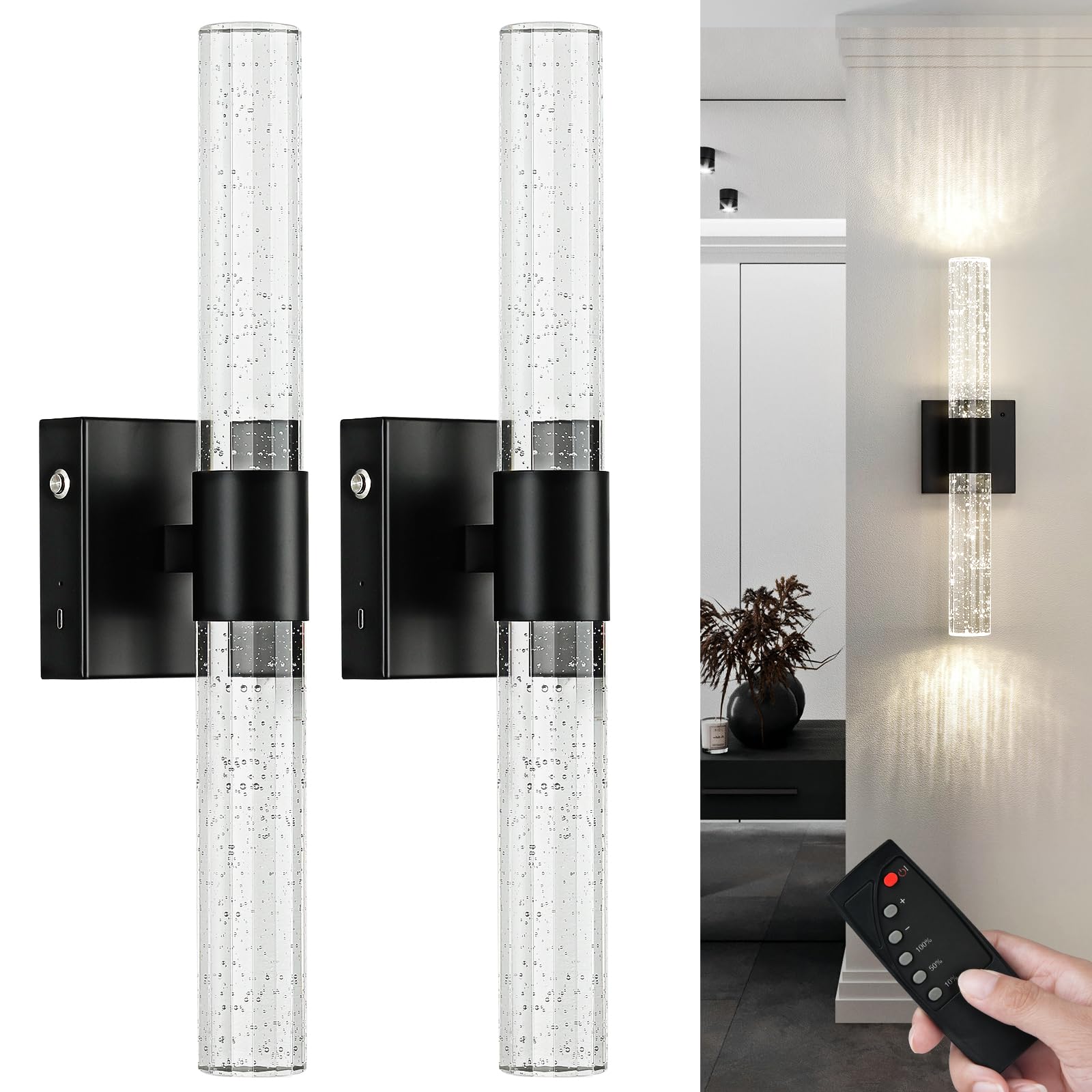 Ccycol Battery Operated Wireless Wall Sconces Set Of Two, Rechargeable Black Wall Sconce Set Of 2 With Remote Control, Modern Le